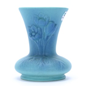 Vase, Van Briggle Art Pottery, Embossed Tulip, Ming Turquoise