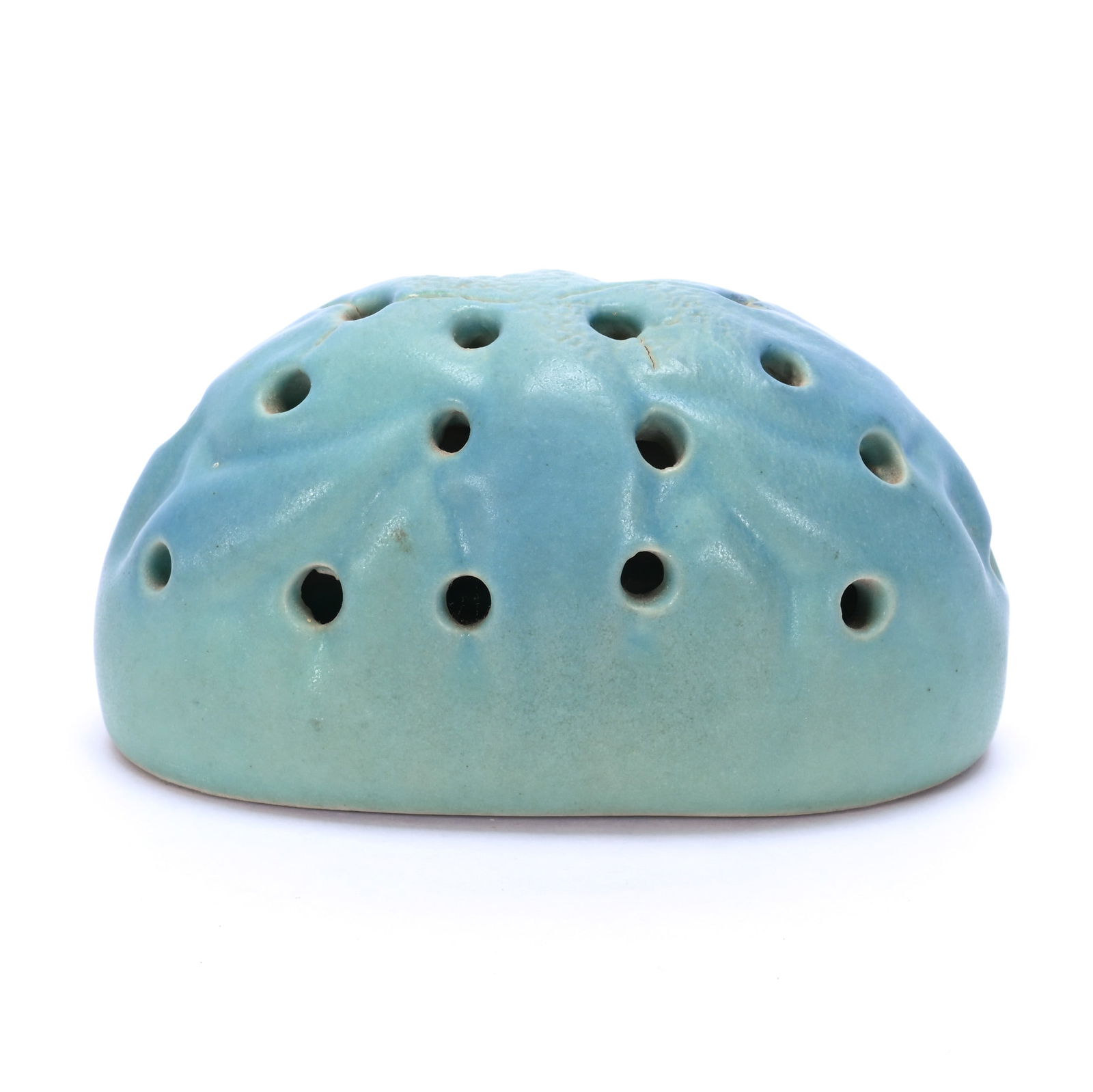 Oval Flower Frog, Van Briggle Art Pottery, Ming Turquoise: Oval Flower Frog, Van Briggle Art Pottery, Ming Turquoise, 2.25" x 4.5" x 2.5", .42 Pounds, Artist Marked "CV", Some Factory Glaze Separation, New Mexico Private Collection.