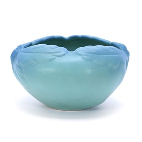 Bowl, Van Briggle Art Pottery, Acorn Mold, Ming Turquoise, Artist Marked "CV"