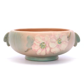 Bowl, Two Handles, Marked Weller Art Pottery, Wild Rose Pattern