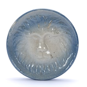 Stoneware/Salt Glaze Soap Dish, Blue And Gray With Embossed Lion's Head