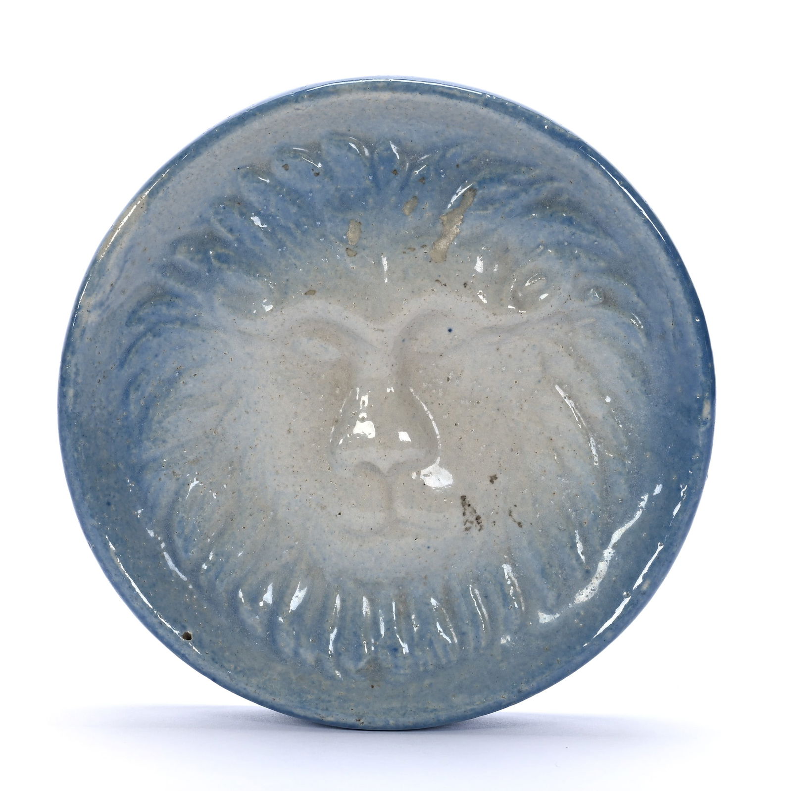 Stoneware/Salt Glaze Soap Dish, Blue And Gray With Embossed Lion's Head (1 of 2)