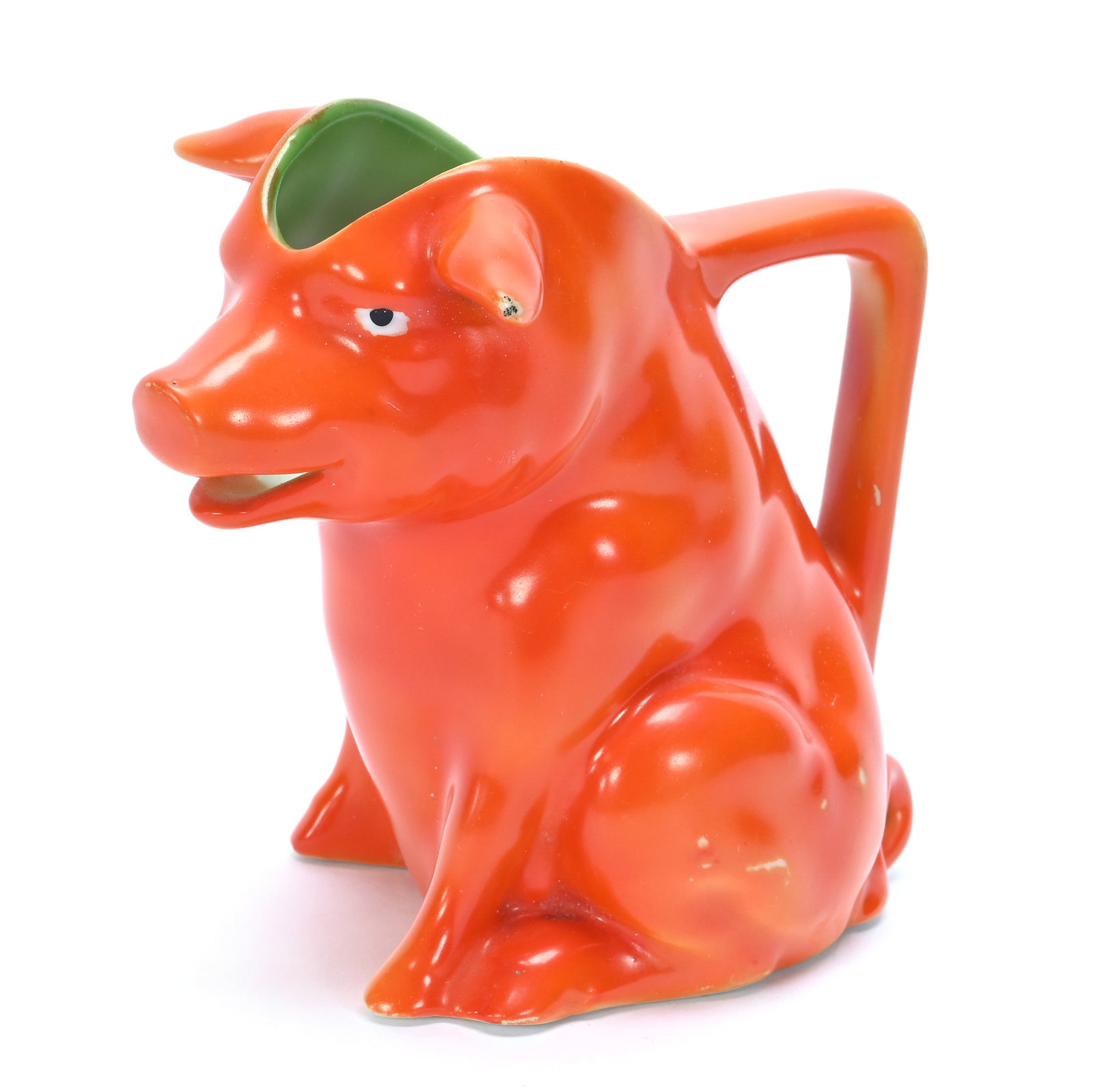 Figural Creamer, Unmarked Royal Bayreuth, Orange Pig: Figural Creamer, Unmarked Royal Bayreuth, Orange Pig, 4.25" x 4.75" x 3.25", .50 Pounds, Pennsylvania Private Collection.