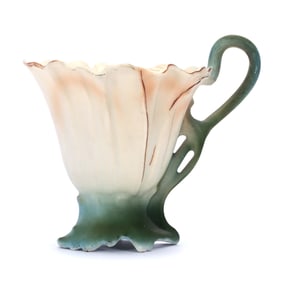 Figural Chocolate Cup, Unmarked Royal Bayreuth, Poppy Pattern, White Satin, Green Trim