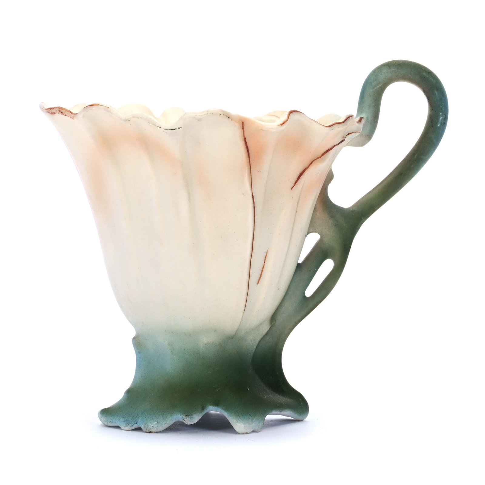 Figural Chocolate Cup, Unmarked Royal Bayreuth, Poppy Pattern, White Satin, Green Trim: Figural Chocolate Cup, Unmarked Royal Bayreuth, Poppy Pattern, White Satin, Green Trim, 3.25" x 3.75" x 3", .16 Pounds, Pennsylvania Private Collection.