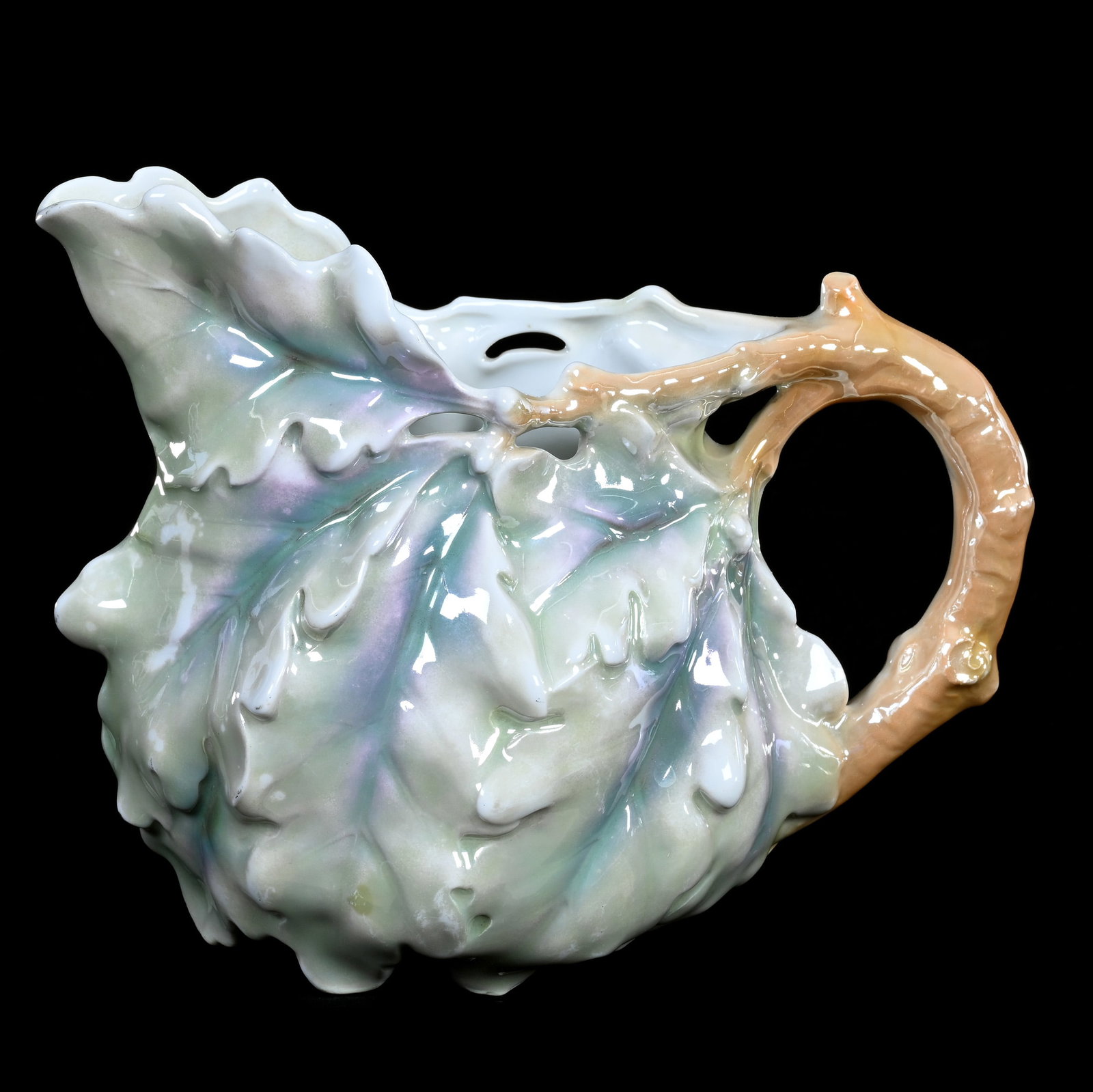 Figural Water Pitcher, Royal Bayreuth Blue Mark, Oak Leaf, Gloss Finish: Figural Water Pitcher, Royal Bayreuth Blue Mark, Oak Leaf, Gloss Finish, 6.5" x 8" x 5.75", 1.44 Pounds, Pennsylvania Private Collection.