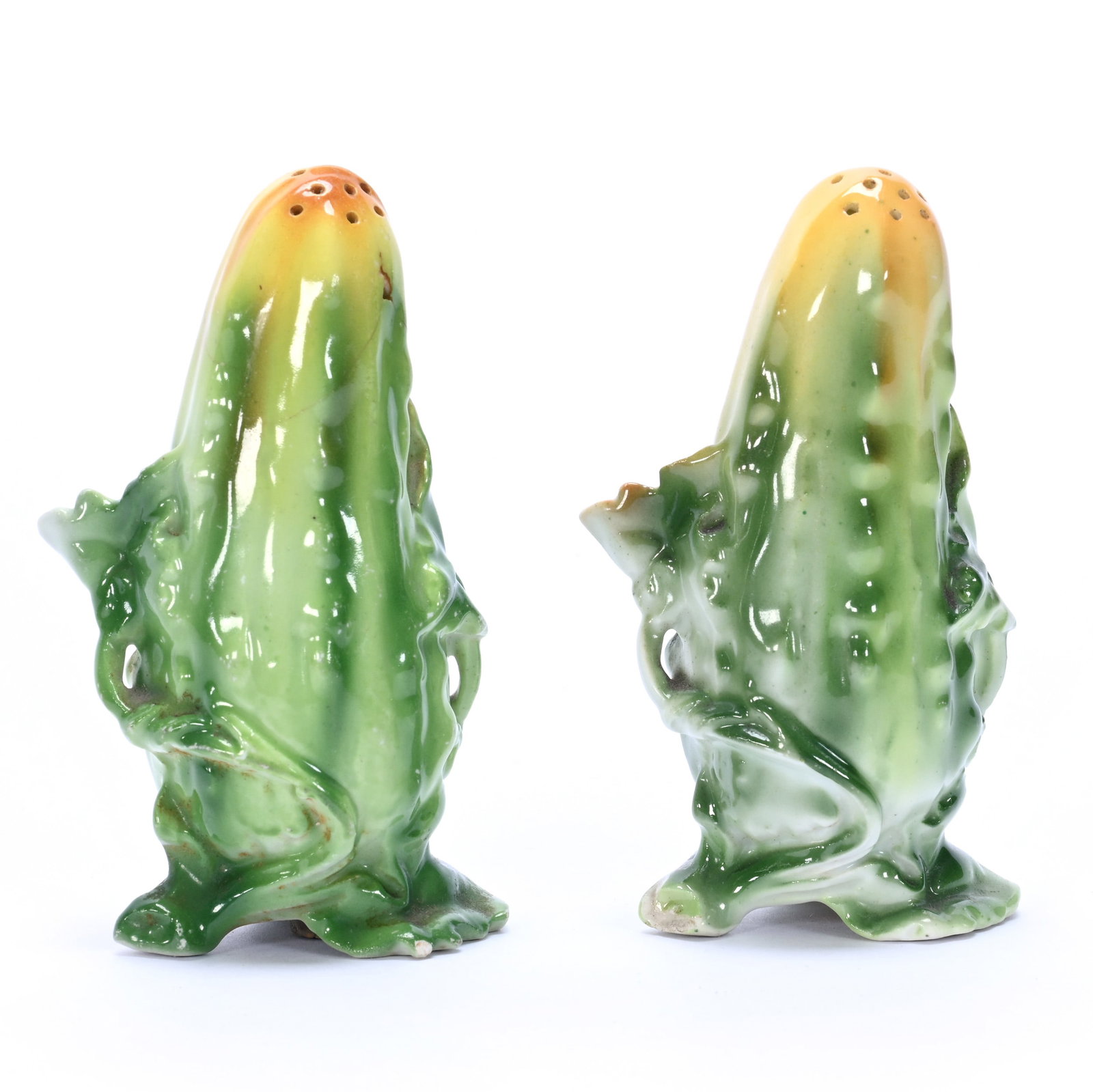 Pair Salt And Pepper Shakers, Unmarked Royal Bayreuth: Pair Salt And Pepper Shakers, Unmarked Royal Bayreuth, 3.75" x 2.25" x 1.5", 0.22 Pounds, Cucumbers, One Shaker With Serious Body Damage, One With Base Chips, Pennsylvania Private Collection.