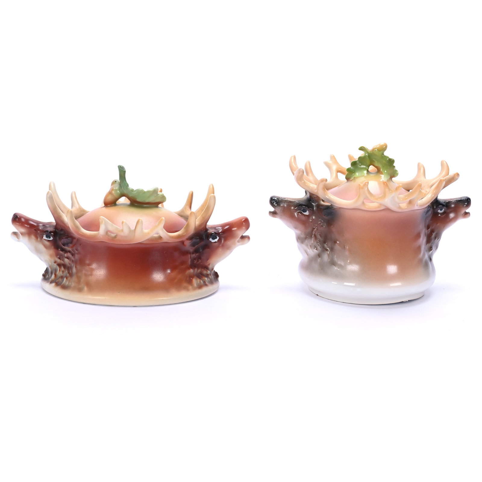 (2) Figural Elk Covered Sugars, Royal Bayreuth Blue Mark: (2) Figural Elk Covered Sugars, Royal Bayreuth Blue Mark, 0.94 Pounds, (1) 3.75" x 5" x 4.25" Tall Sugar, (1) 3" x 5.75" x 3.75" Short Sugar, Pennsylvania Private Collection.