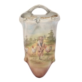 Wall Pocket, Royal Bayreuth Blue Mark, Farmer And Chickens Scenic Decor