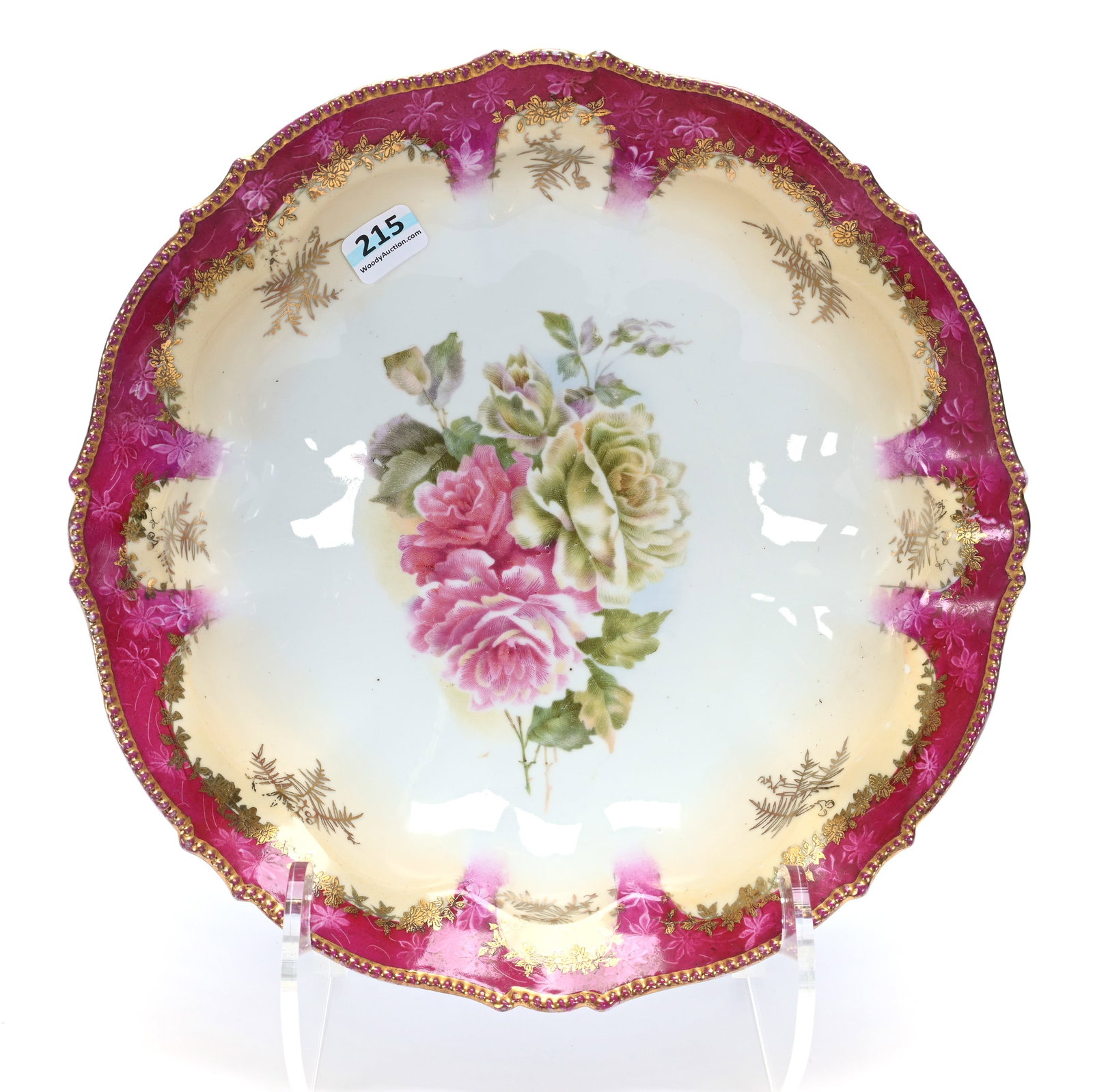 Bowl, Unmarked R.S. Prussia: Bowl, Unmarked R.S. Prussia, 2.75" x 10" x 10", 1.28 Pounds, White And Cream Tones, Pink Border, Yellow & Pink Rose Decor, Gold Stencil Highlights, Illinois Private Collection.