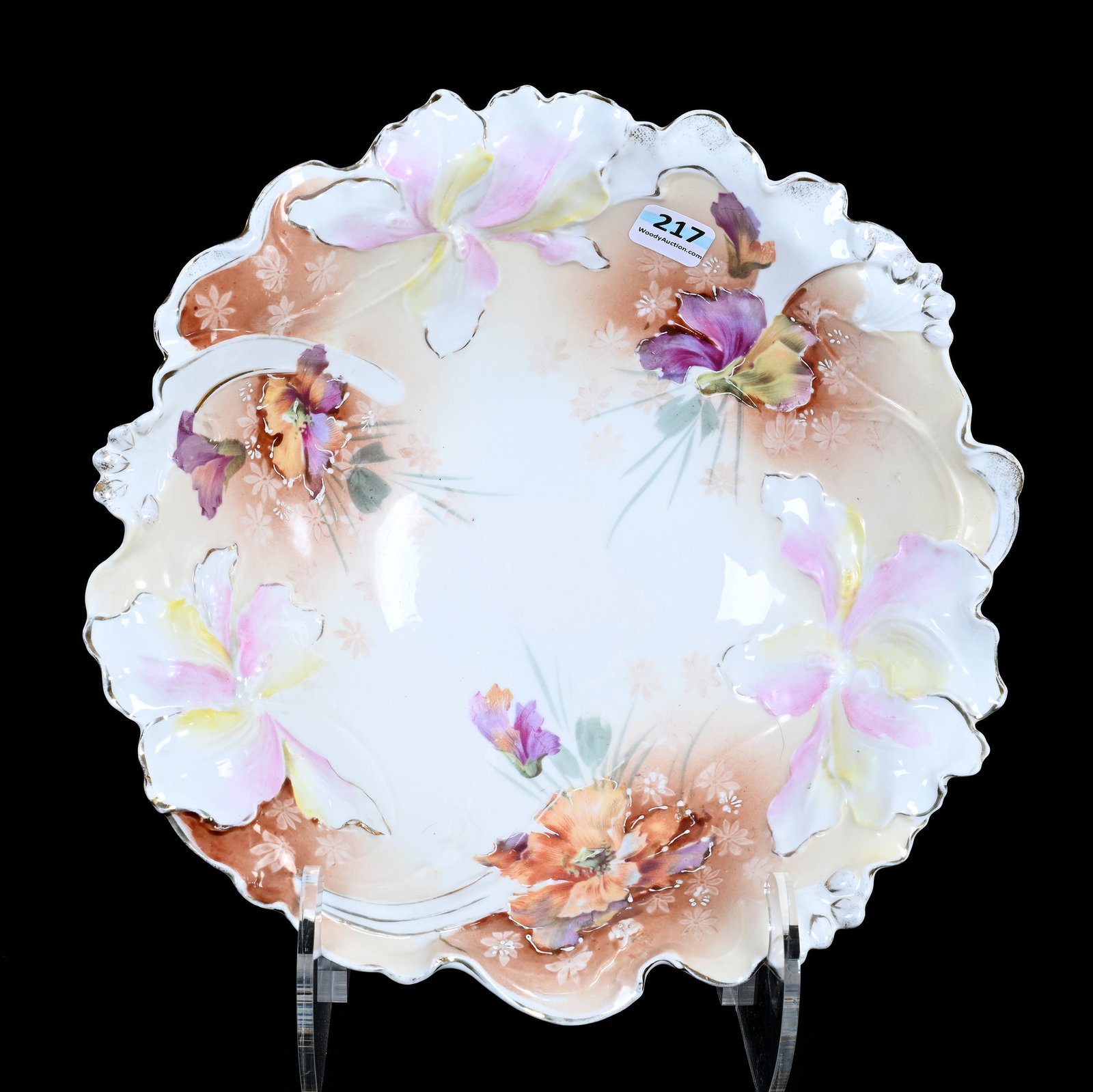 Bowl, Unmarked R.S. Prussia: Bowl, Unmarked R.S. Prussia, 2.75" x 10.25" x 10.25", 1.24 Pounds, Iris Variation Mold, White And Brown Tones, Poppy Decor, Pink And Yellow Highlights, Illinois Private Collection.