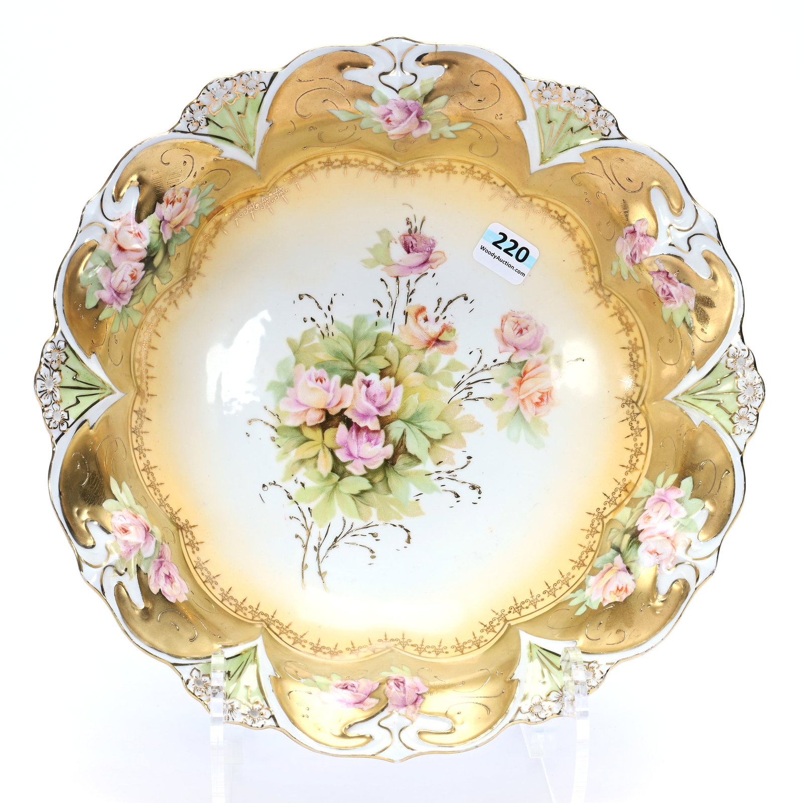 Bowl, Unmarked R.S. Prussia: Bowl, Unmarked R.S. Prussia, 2.75" x 10.5" x 10.5", 1.24 Pounds, Cream Center, Pink Rose Decor, Heavy Gold Border, Illinois Private Collection.