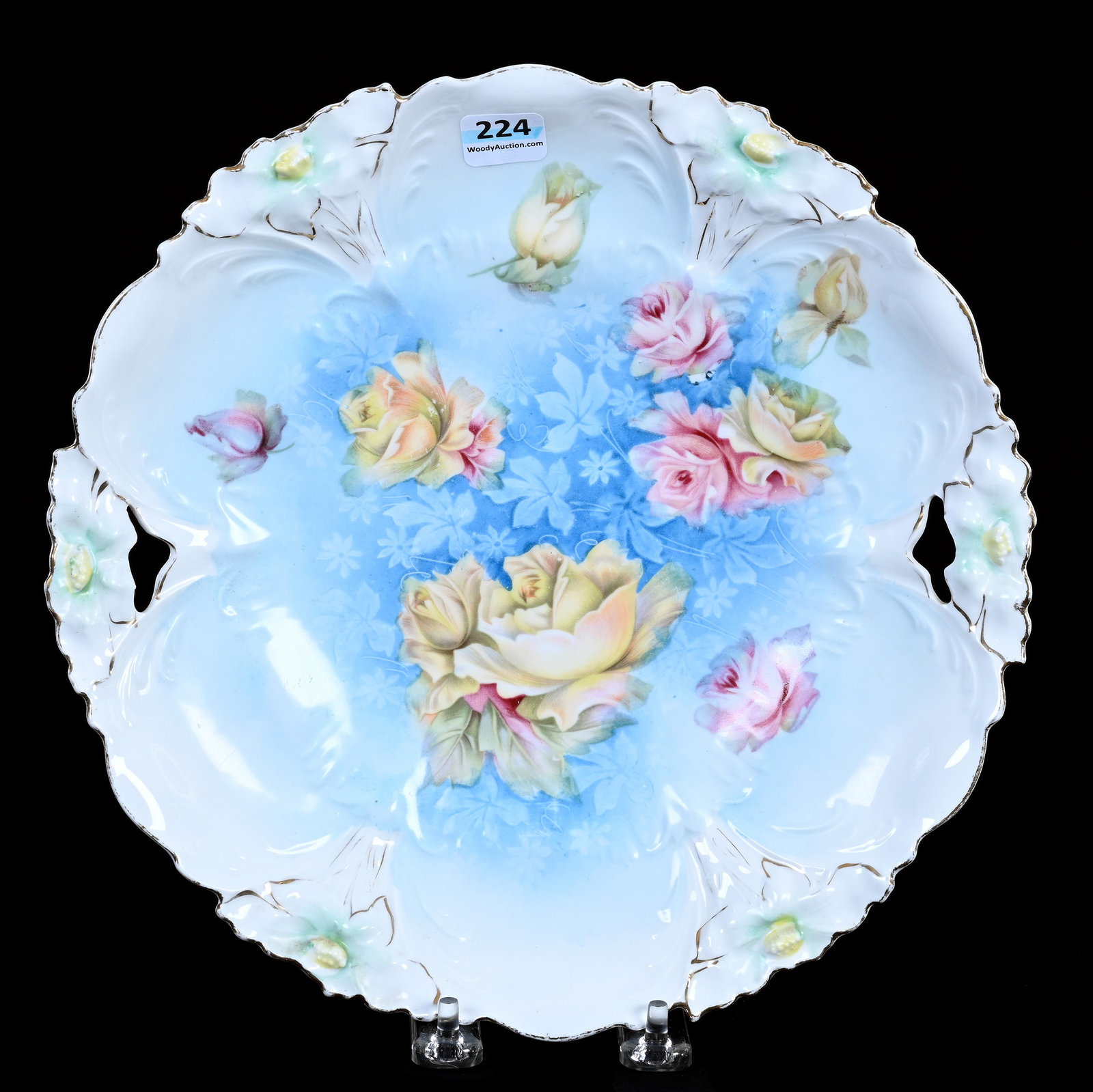 Cake Plate, Unmarked R.S. Prussia, Lily Mold: Cake Plate, Unmarked R.S. Prussia, Lily Mold, 1.5" x 10.5" x 10.5", 1.02 Pounds, Blue And White Tones, Pink And Yellow Rose Decor, Illinois Private Collection.