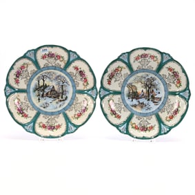Pair Plates Marked Prov Saxe, Winter Village And Cottage Scenic Decors