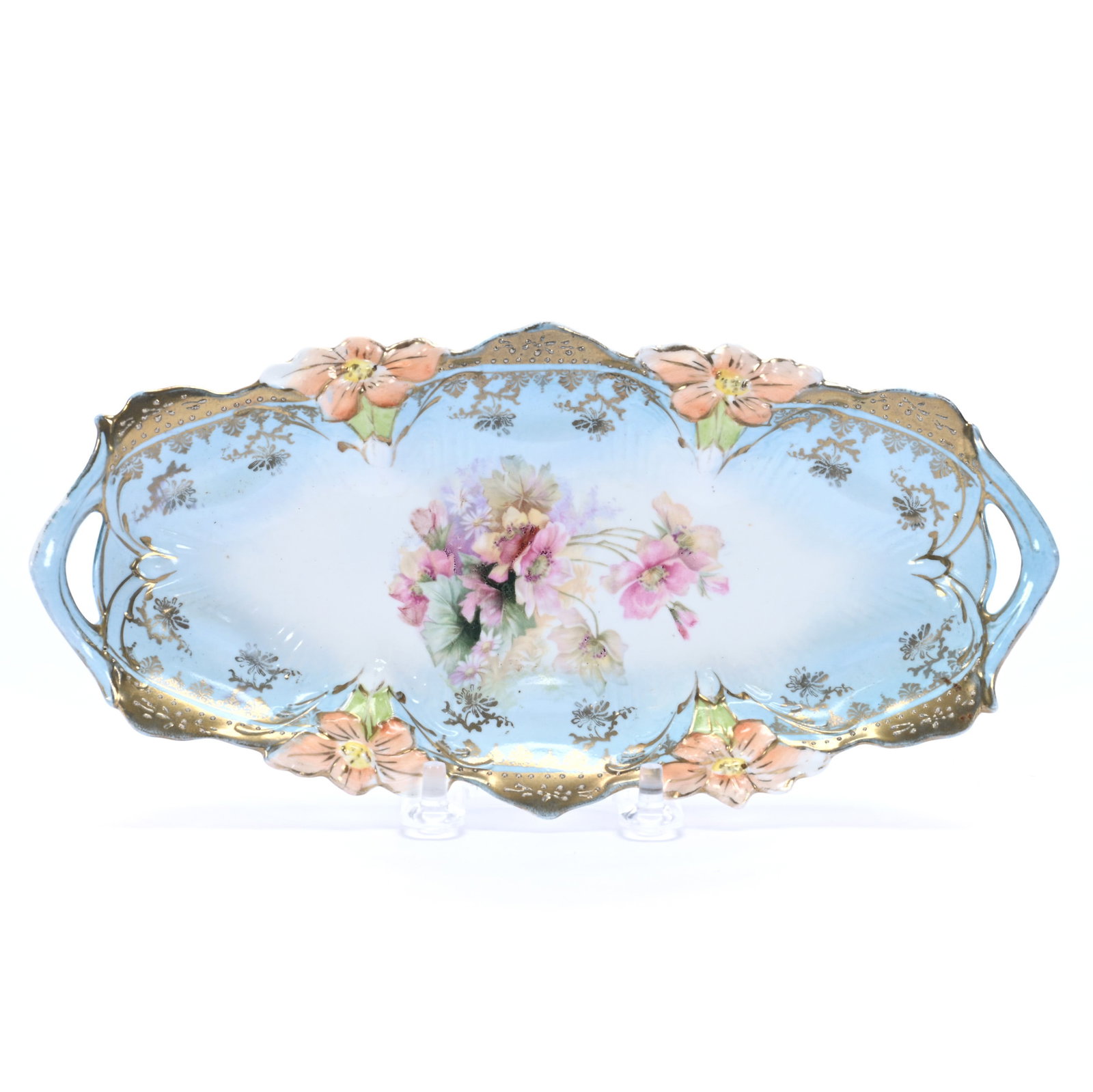 Relish Tray, Unmarked R.S. Prussia: Relish Tray, Unmarked R.S. Prussia, 1" x 9.5" x 4.5", 0.36 Pounds, Lily Mold, Blue And White Tones, Poppy Decor, Gold Trim, Illinois Private Collection.