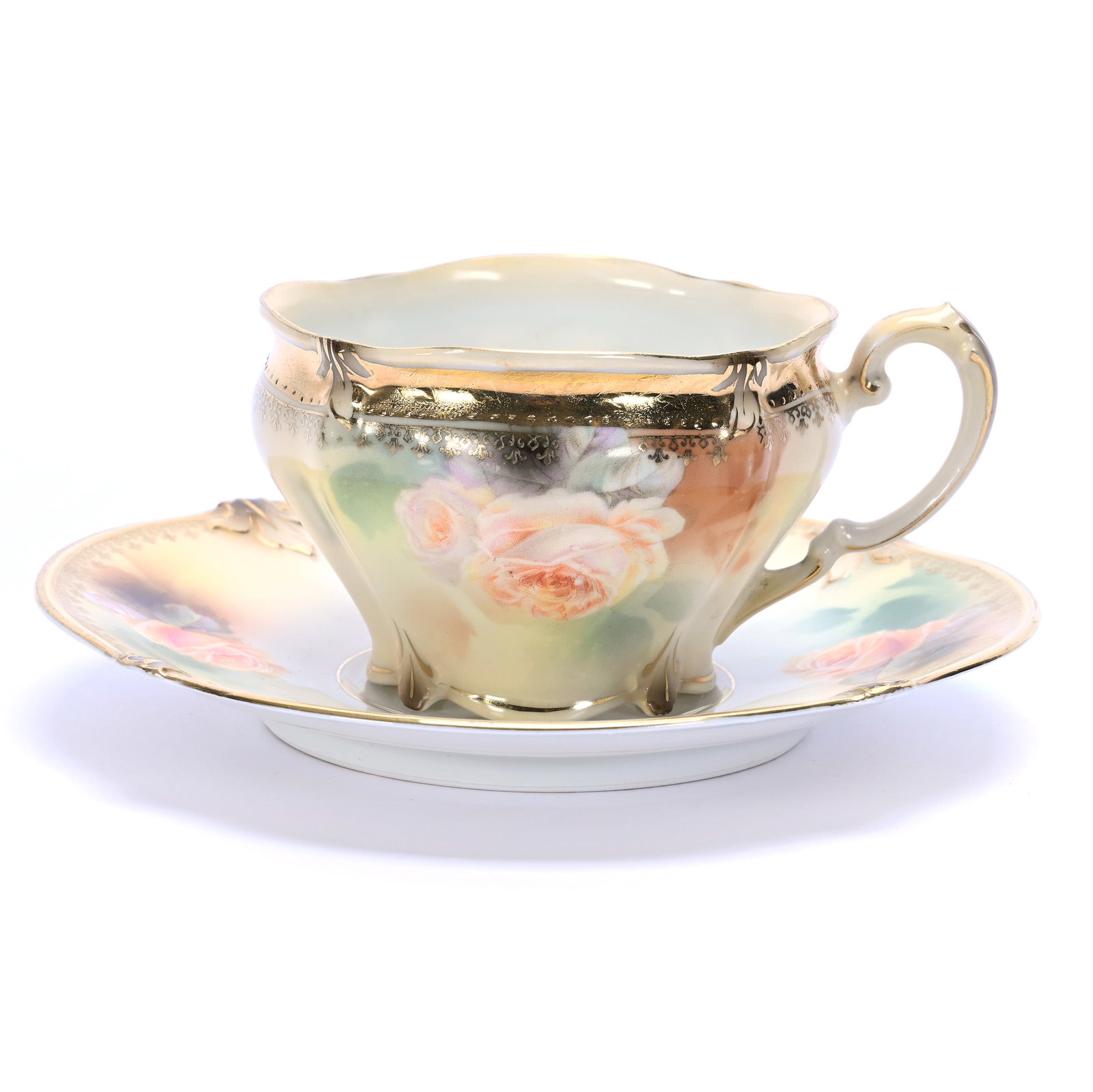 Coffee Cup And Saucer Marked R.S. Prussia: Coffee Cup And Saucer Marked R.S. Prussia, 2.75" x 6" x 6", 0.42 Pounds, Cream Tones, Rose Decor, Gold Trim Highlights, Illinois Private Collection.