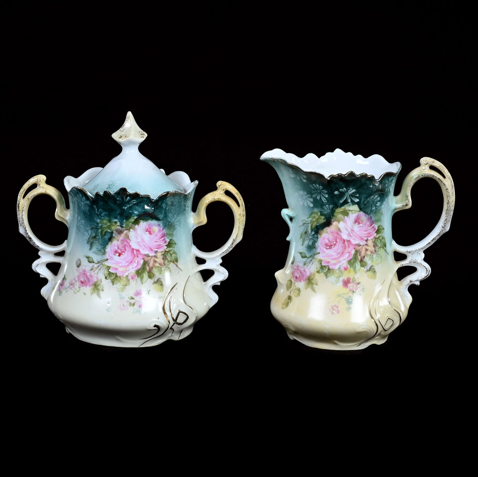 Creamer And Sugar Set, Unmarked R.S. Prussia: Creamer And Sugar Set, Unmarked R.S. Prussia, 5.25" x 5.5" x 3.75", 0.78 Pounds, Green And Pink Tones, Pink Rose Decor, Illinois Private Collection.