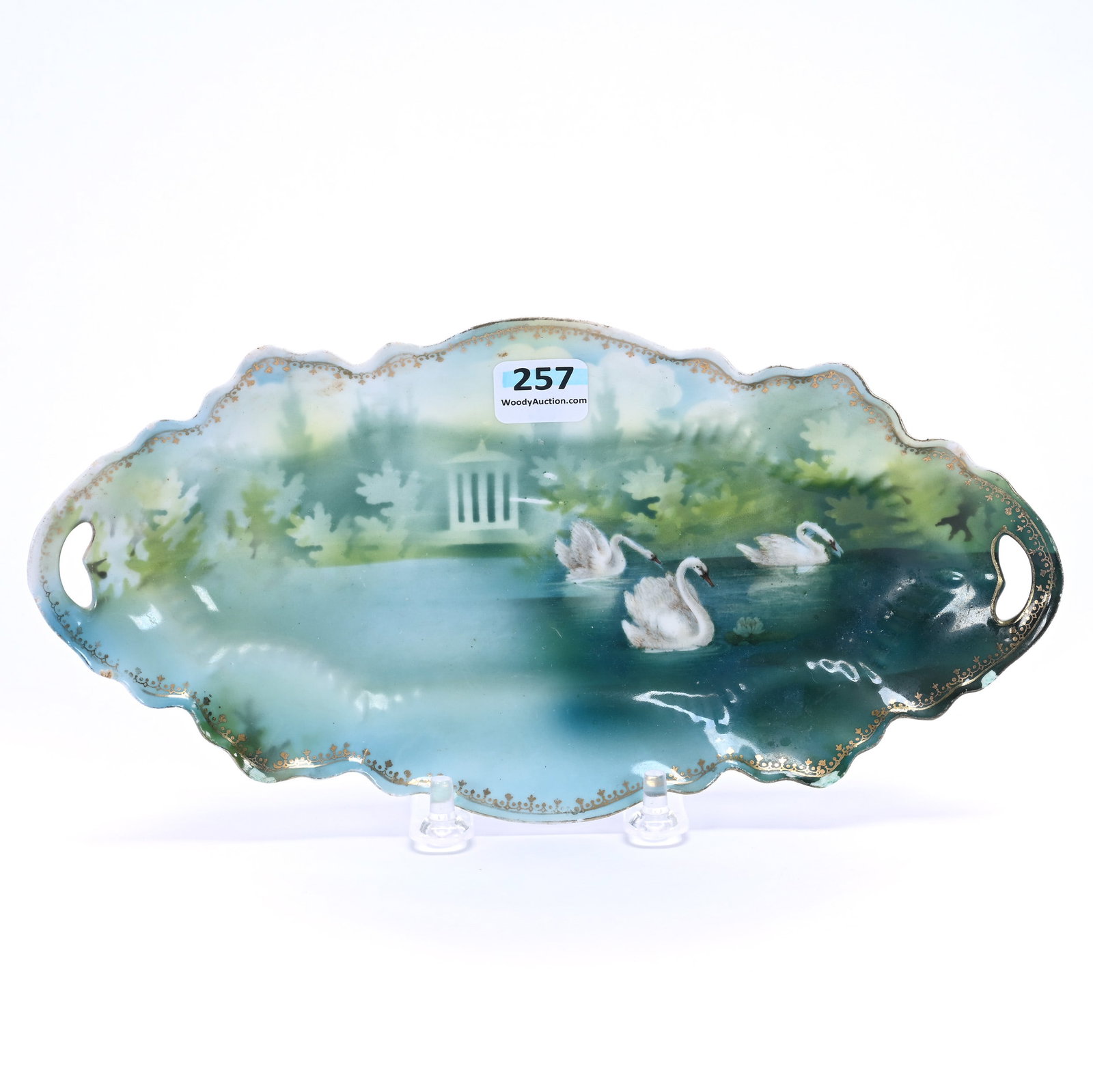 Relish Tray Marked R.S. Prussia: Relish Tray Marked R.S. Prussia, 1.25" x 9.5" x 4.75", 0.36 Pounds, Swan And Gazebo Scenic Decor, Multiple Glaze Nicks On Edge, Illinois Private Collection.