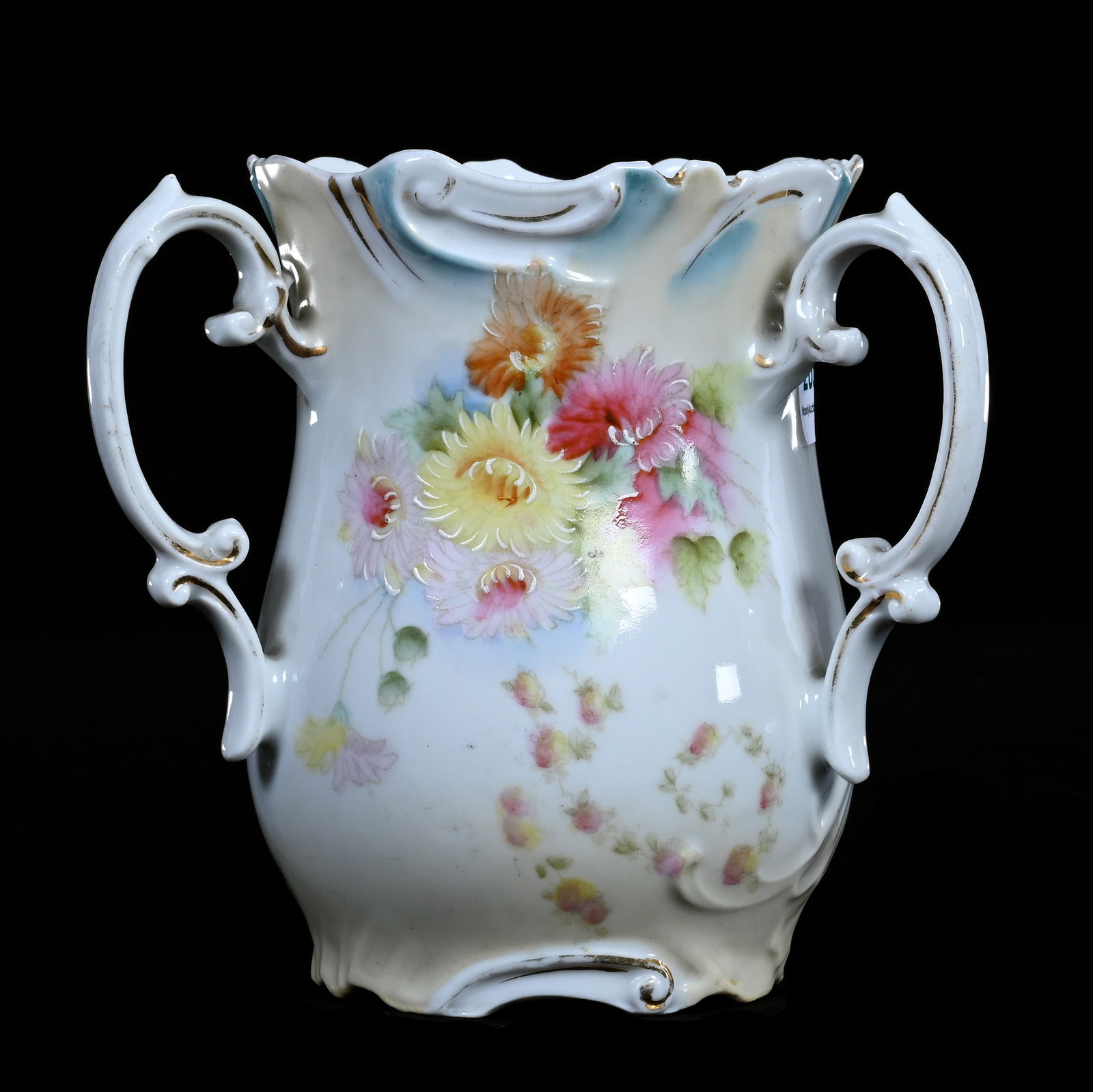 Loving Cup, Three Handles, Unmarked R.S. Prussia: Loving Cup, Three Handles, Unmarked R.S. Prussia, 5.5" x 5.5" x 5.5", 0.78 Pounds, Cream, Blue And White Tones, Floral Decor, Old 0.5" Rim Hairline, Illinois Private Collection.