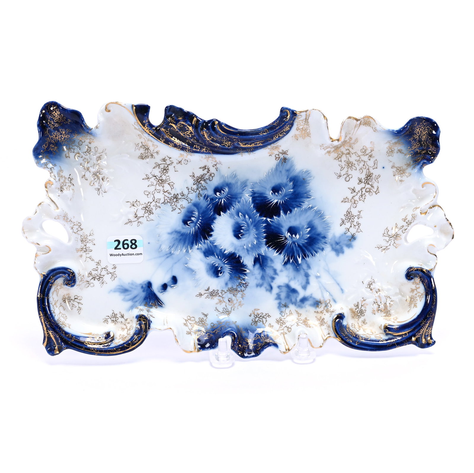 Dresser Tray Marked Crown Germany: Dresser Tray Marked Crown Germany, 1" x 10.5" x 6.25", 0.66 Pounds, Cobalt Blue And White, Gold Stencil Highlights, Illinois Private Collection.