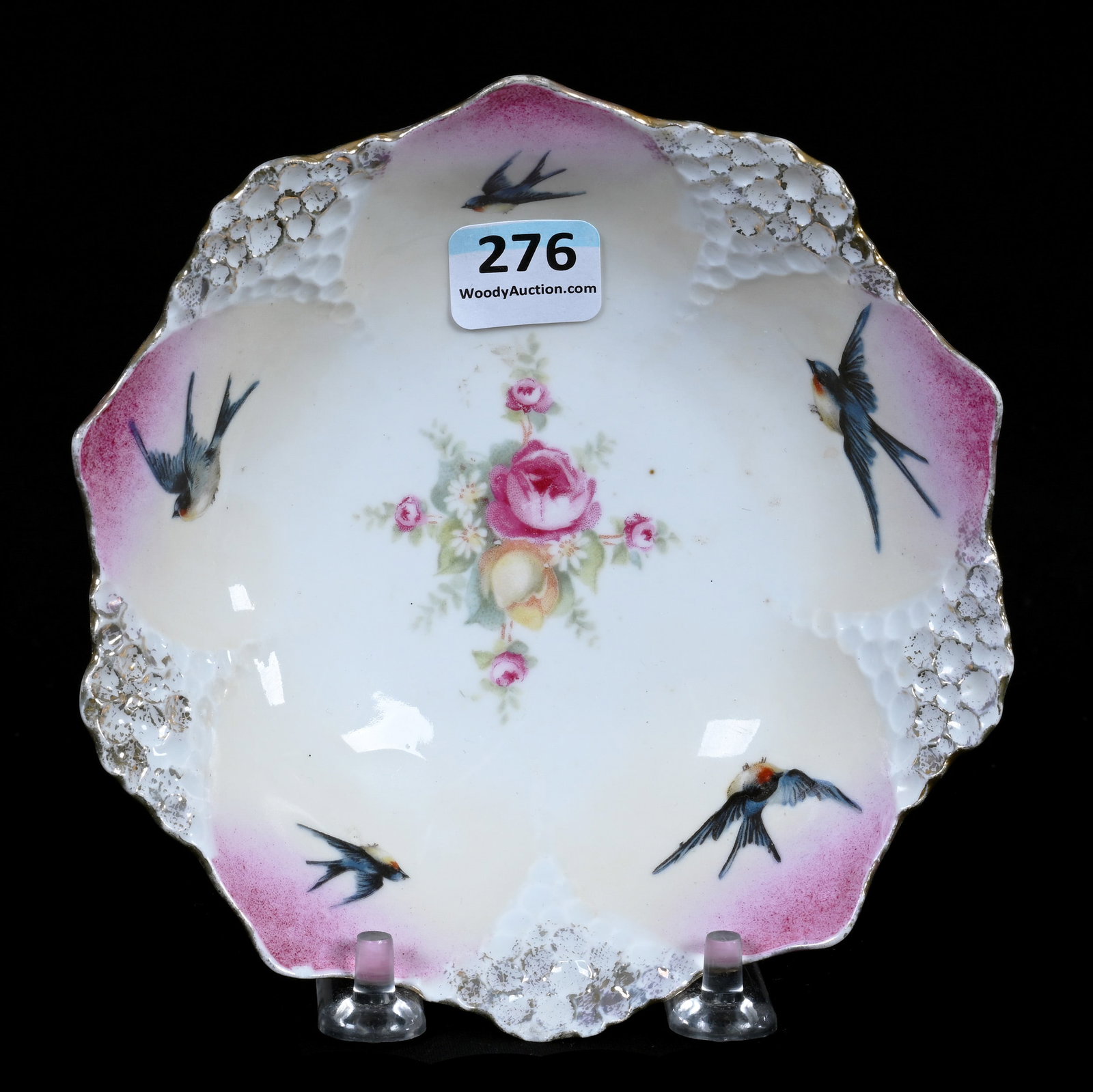Berry Bowl Marked R.S. Prussia, Pink, Cream And White, Rose Decor: Berry Bowl Marked R.S. Prussia, Pink, Cream And White, Rose Decor, 1.5" x 5.5" x 5.5", 0.26 Pounds, Bluebird Border, Rim Nick, Illinois Private Collection.