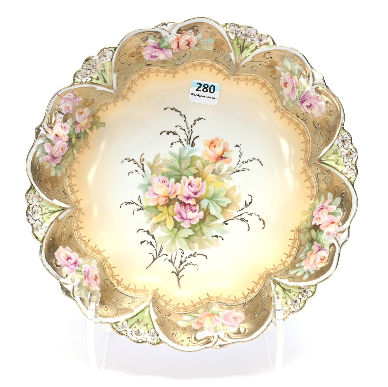 Bowl, Unmarked R.S. Prussia: Bowl, Unmarked R.S. Prussia, 2.25" x 9.25" x 9.25", 0.92 Pounds, Cream And White Center With Rose Decor, Heavy Gold Border, Green Highlights, Illinois Private Collection.