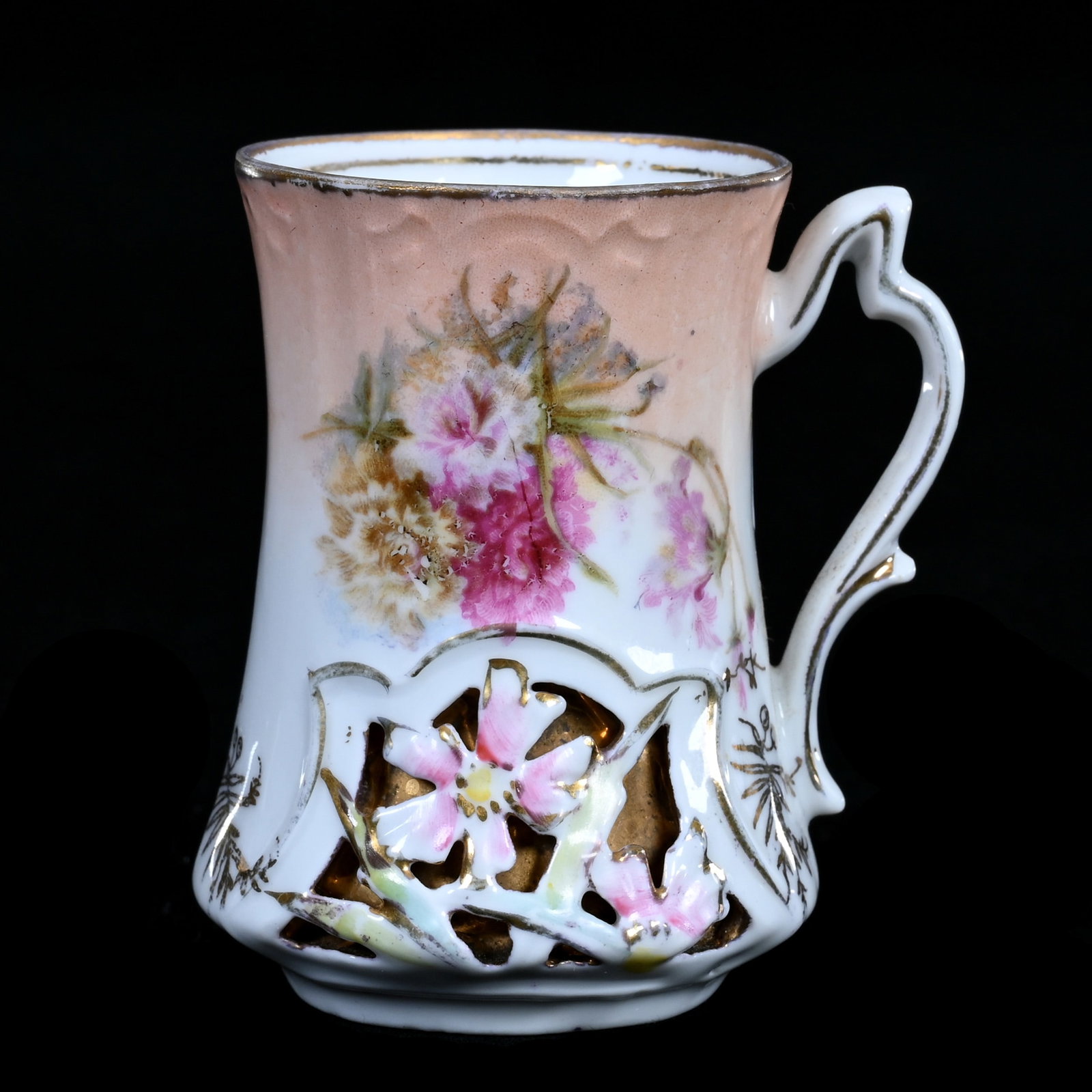 Chocolate Cup Marked Royal Dresden: Chocolate Cup Marked Royal Dresden, 2.75" x 2.5" x 2", 0.16 Pounds, Peach And White Tones, Floral Decor, Rare Floral Cut-Out Panel With Gold Backing, Illinois Private Collection.