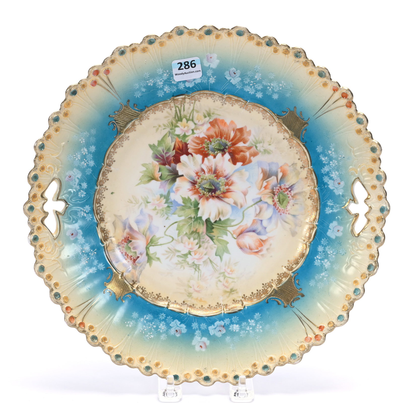 Cake Plate, Unmarked R.S. Prussia: Cake Plate, Unmarked R.S. Prussia, 1.5" x 11" x 11", 1.18 Pounds, Lollipop Mold, Cream And Blue Tones, Wild Poppy Decor, Illinois Private Collection.