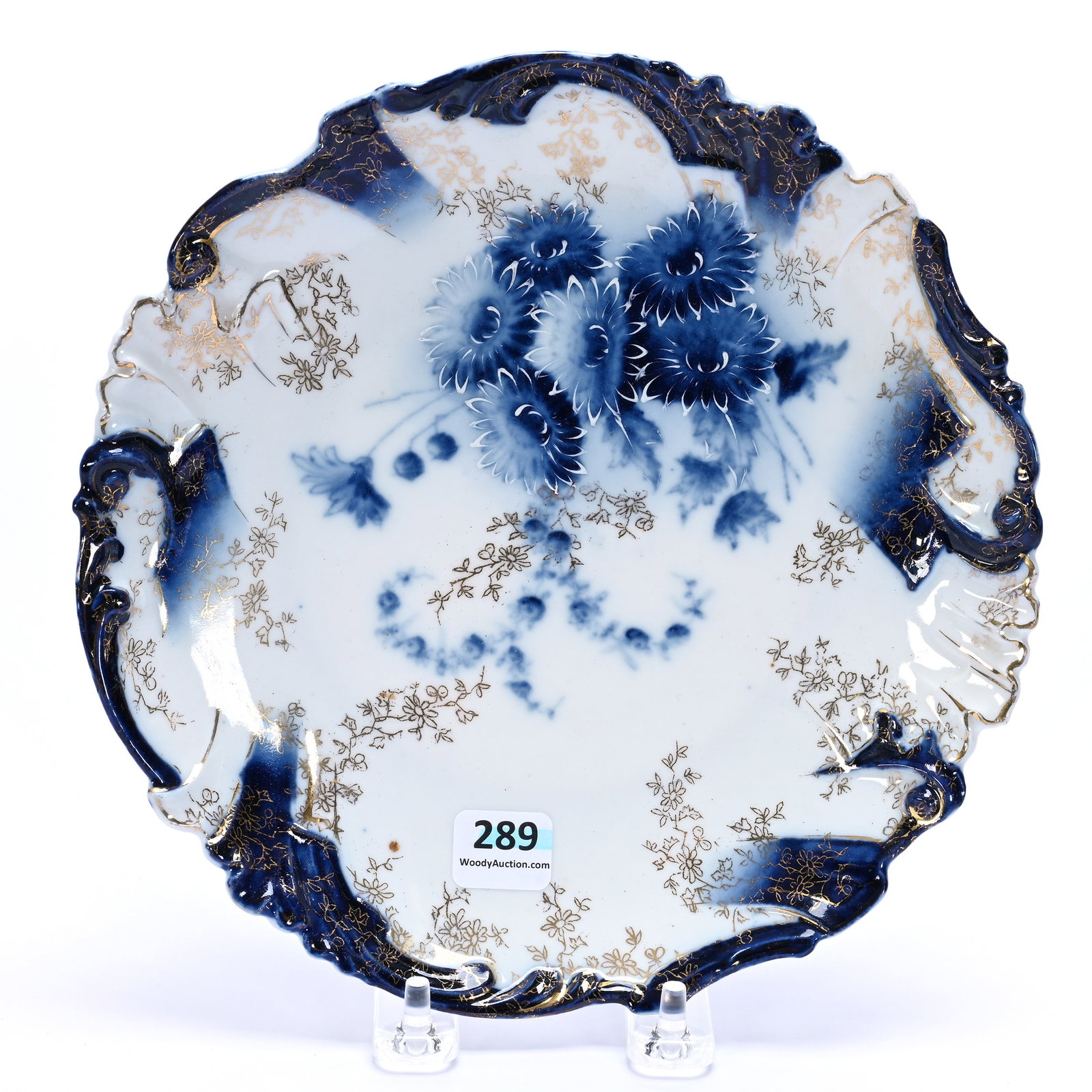 Plate, Unmarked R.S. Prussia: Plate, Unmarked R.S. Prussia, 1.25" x 8.25" x 8.25", 0.64 Pounds, Cobalt Blue And White, Floral Decor, Gold Stencil Highlights, Illinois Private Collection.