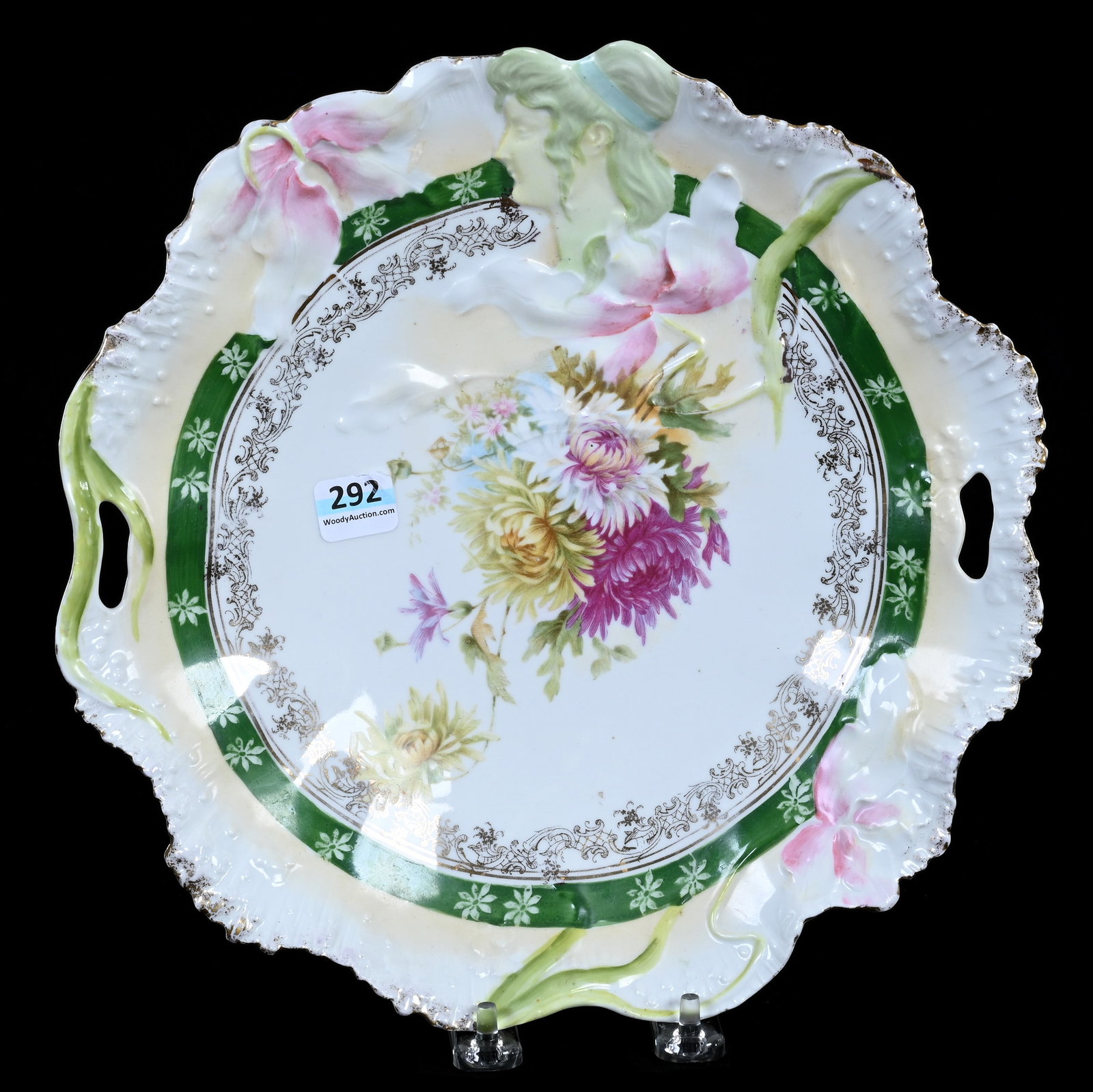 Cake Plate, Unmarked R.S. Prussia: Cake Plate, Unmarked R.S. Prussia, 1.75" x 11" x 11", 1.14 Pounds, Cream, Green And White Tones, Floral Decor, Illinois Private Collection.