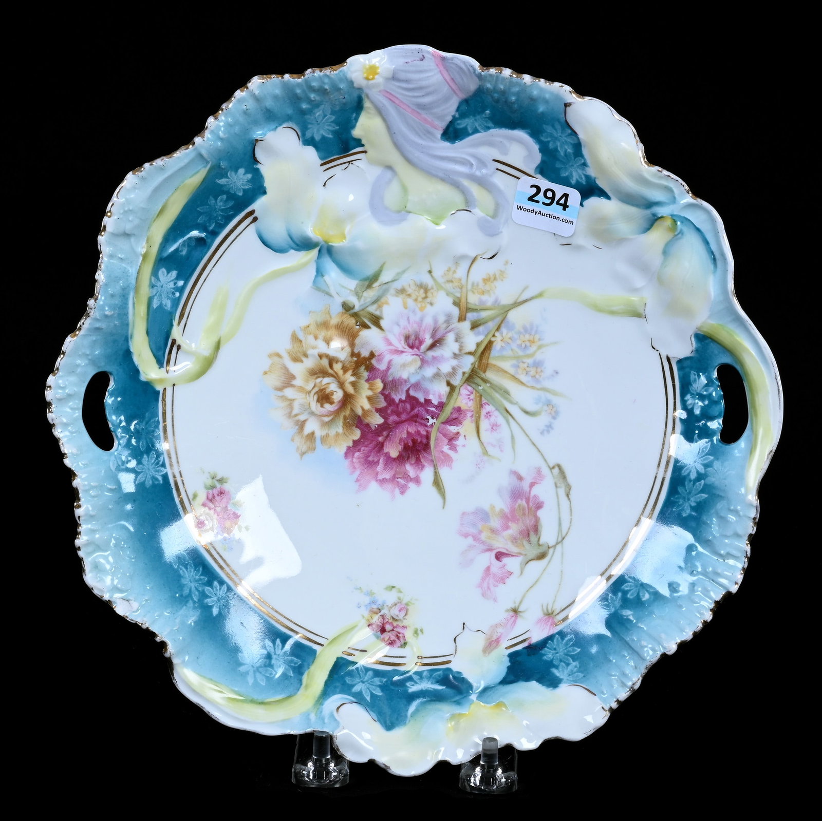 Cake Plate, Unmarked R.S. Prussia, Hidden Image Mold: Cake Plate, Unmarked R.S. Prussia, Hidden Image Mold, 1.75" x 9.5" x 9.5", 1.00 Pounds, Blue And White Tones, Floral Decor, Surface Rim Chip, Illinois Private Collection.