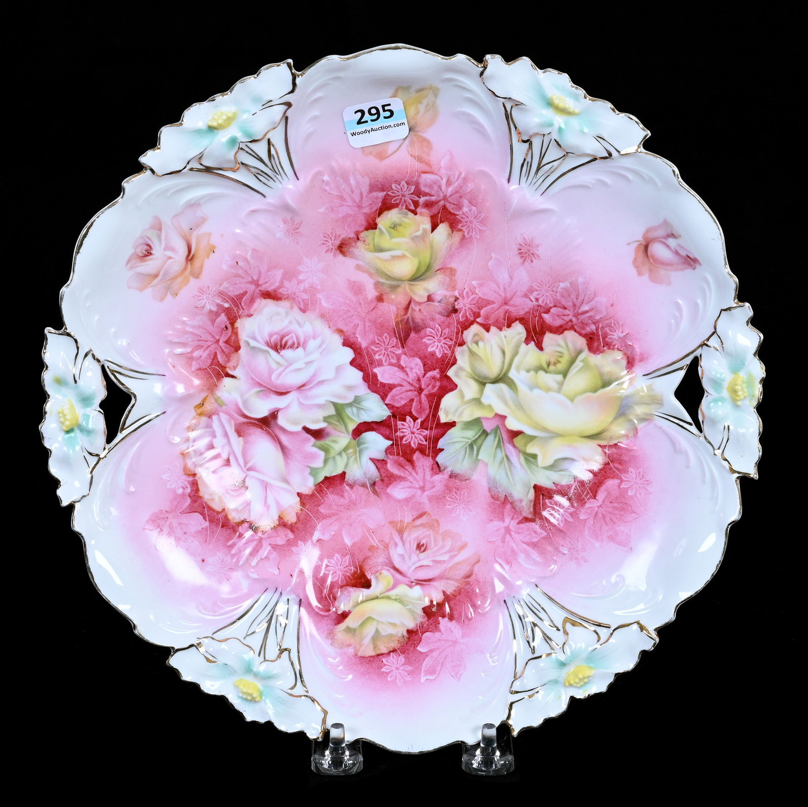 Cake Plate, Unmarked R.S. Prussia, Lily Mold: Cake Plate, Unmarked R.S. Prussia, Lily Mold, 1.5" x 10.5" x 10.5", 0.92 Pounds, Pink And White Tones, Pink And Yellow Rose Decor, Illinois Private Collection.