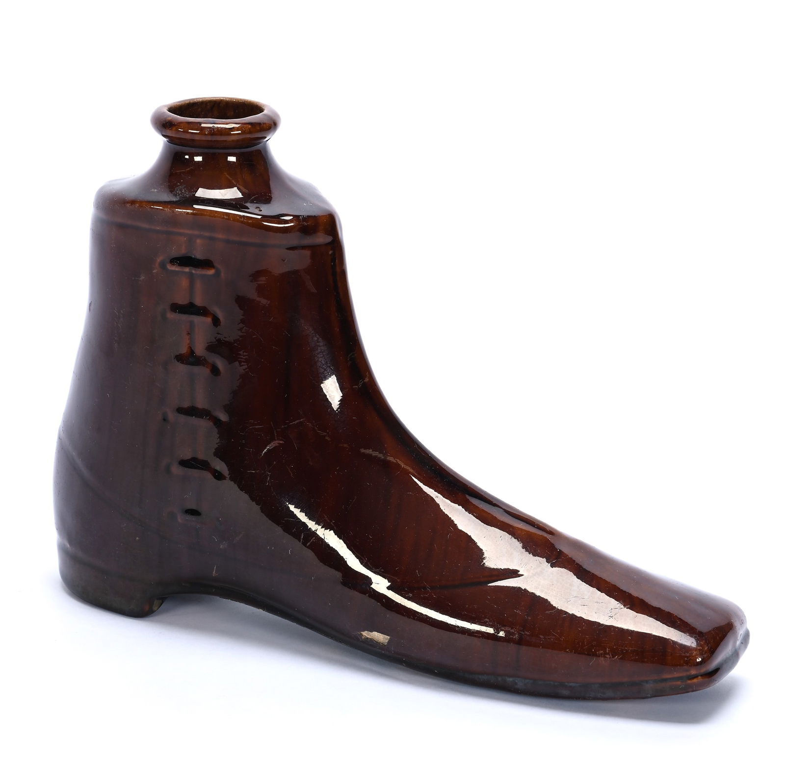 Figural Flask In Form Of Boot, Rockingham Glaze, Significant Glaze Loss On Sole Of Boot (1 of 4)