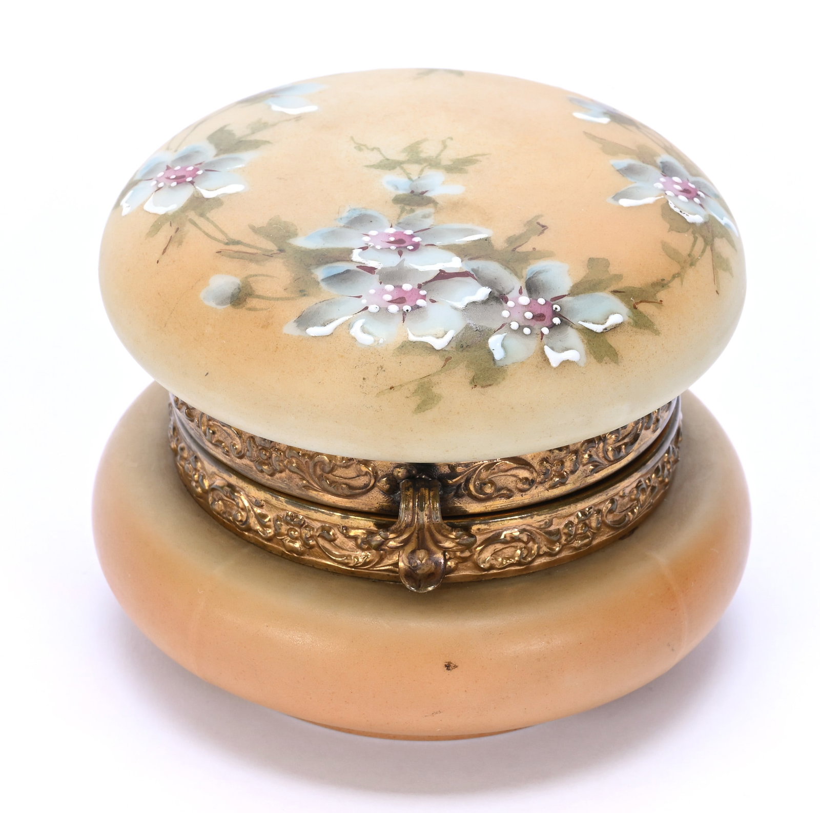 Jewel Box Marked Nakara: Jewel Box Marked Nakara, 2.75" x 3.5" x 3.5", 0.52 Pounds, Orange And Yellow Tones, Blue Floral Decor, Original Lining, Armstrong Family Collection.