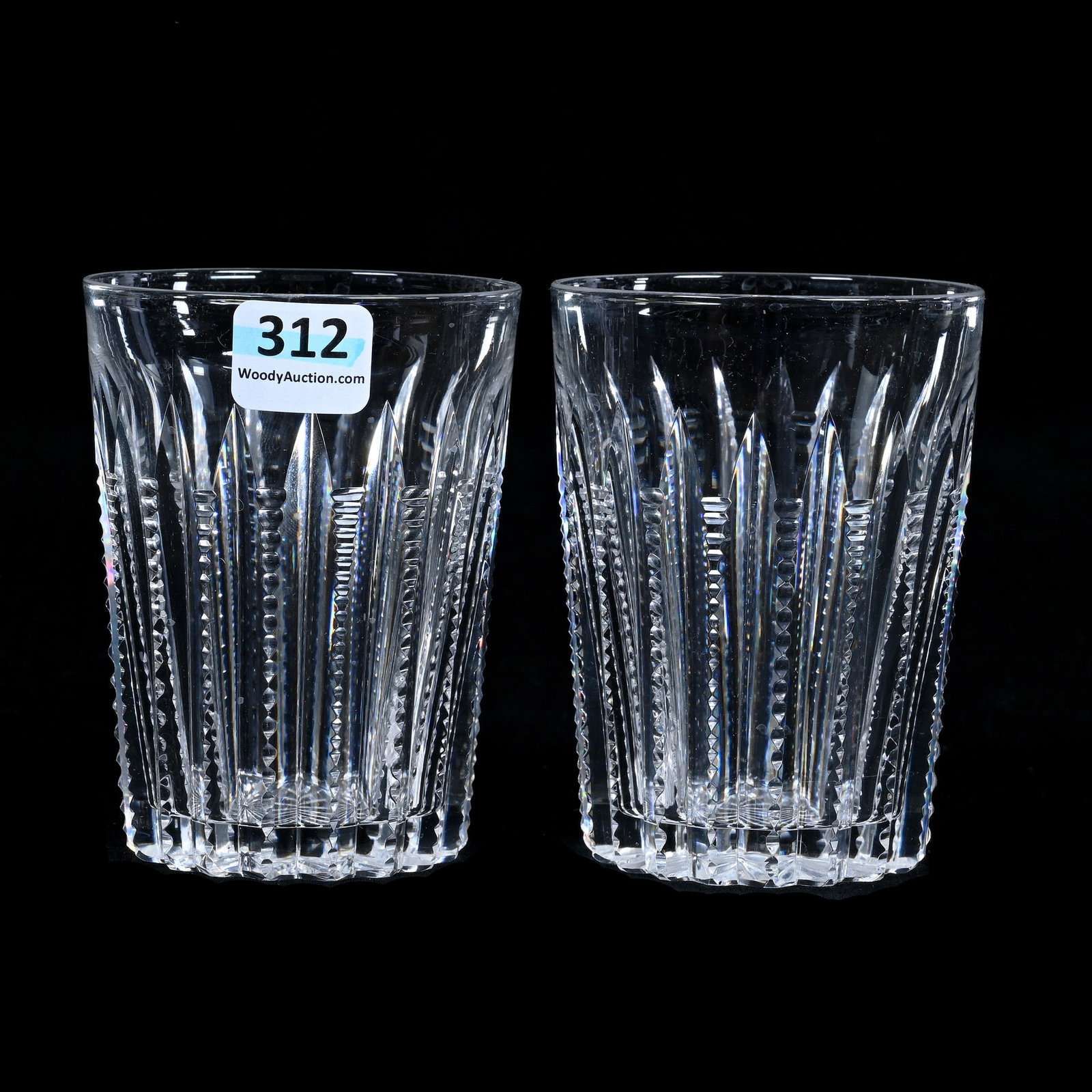 Pair Tumblers, American Brilliant Cut Glass, Prism Cut Body: Pair Tumblers, American Brilliant Cut Glass, Prism Cut Body, 3.75" x 2.75" , 1.18 Pounds, Ray Cut Base, Armstrong Family Collection.