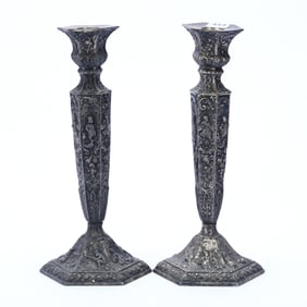 Pair Candlesticks, Embossed Dutch Silverplate