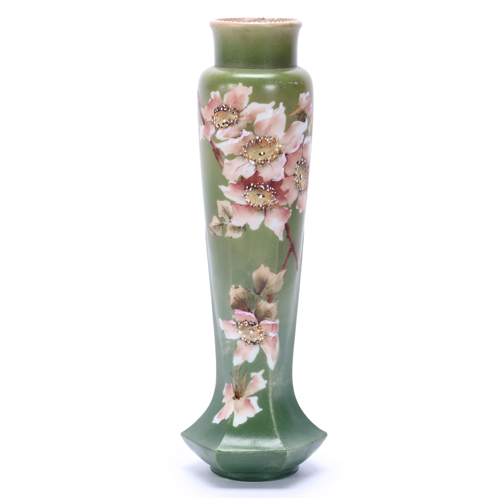 Vase, Unmarked Nakara, Green Tones, Pink Floral Decor (1 of 4)
