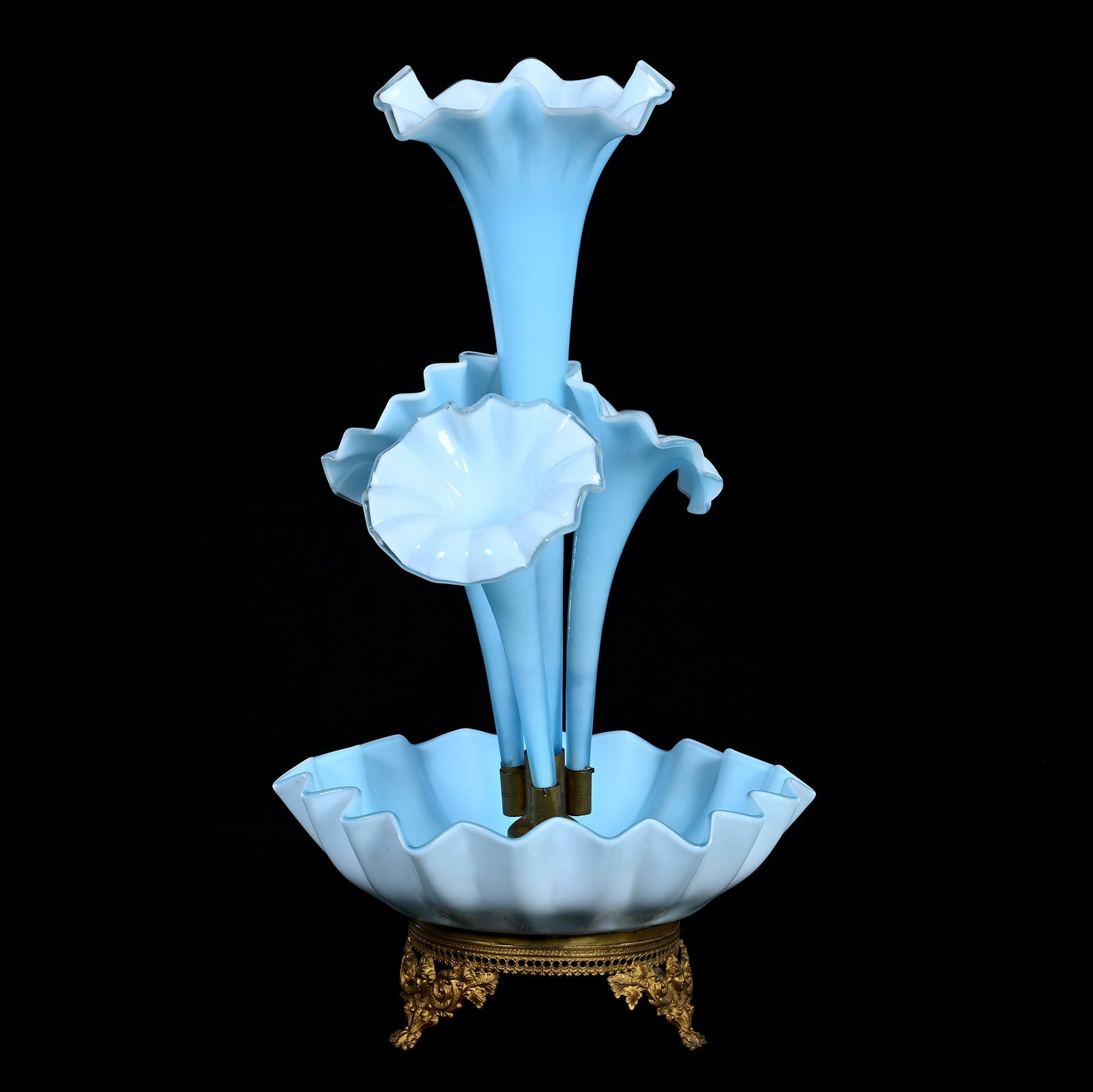 Epergne, Four Lily, Blue Cased Satin Art Glass: Epergne, Four Lily, Blue Cased Satin Art Glass, 20" x 11.5" x 11.5", 6.40 Pounds, Base With White Exterior, Lilies With White Interiors, Gilt Metal Fittings, Nebraska Private Collection.