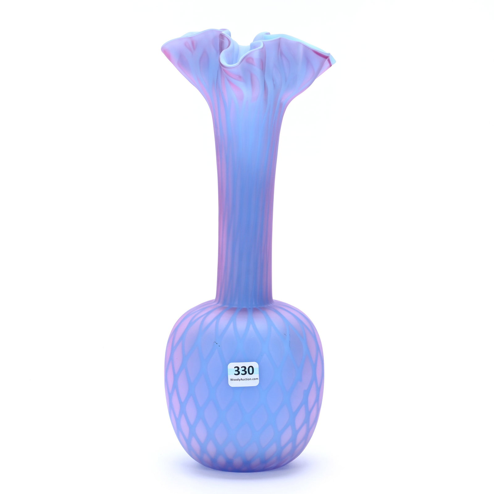 Vase, Lavender And Pink Satin Diamond Quilted Mother Of Pearl Art Glass: Vase, Lavender And Pink Satin Diamond Quilted Mother Of Pearl Art Glass, 12.5" x 4.75" x 4.75", 2.28 Pounds, Unknown Age, Nebraska Private Collection.