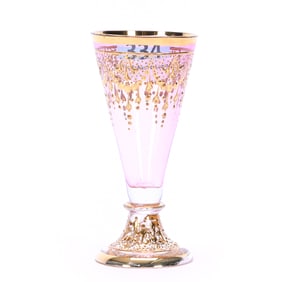 Cordial Stem, Trumpet Shape, Rubina Art Glass, Heavy Gold Enamel Garland Decor