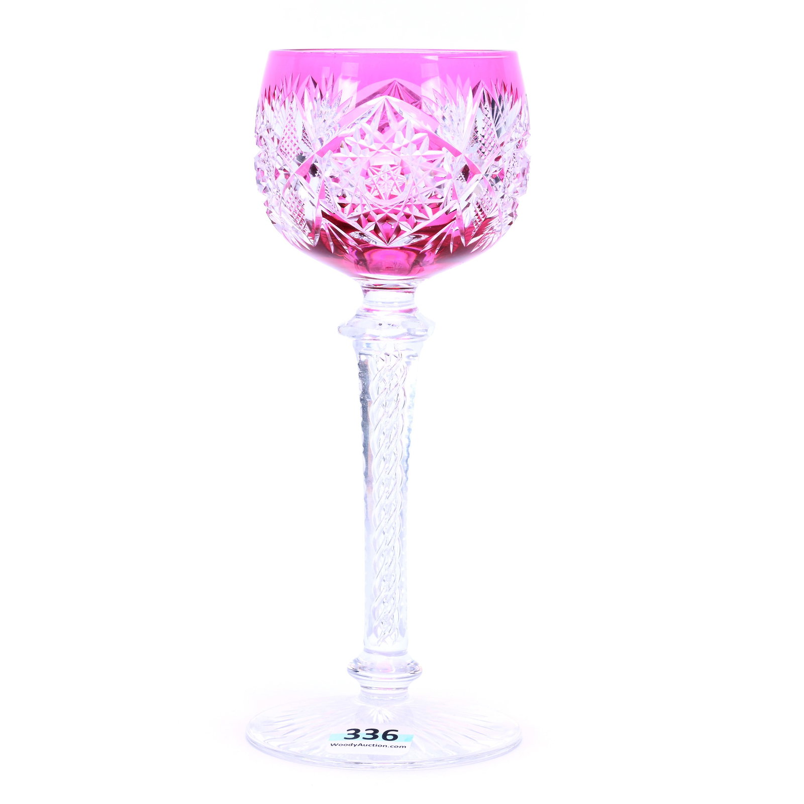 Wine Stem, Brilliant Period Cut Glass, Amethyst Cut To Clear: Wine Stem, Brilliant Period Cut Glass, Amethyst Cut To Clear, 7.25" x 3" x 3", 0.68 Pounds, Hobstar, Lozenge And Fan Motif, Air Twist Stem, Attributed To Val St. Lambert, Ray Cut Foot, Bill And Kathle
