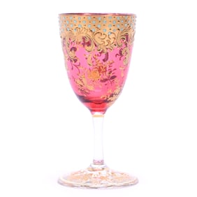 Wine Stem, Cranberry Art Glass With Heavy Gold Enamel