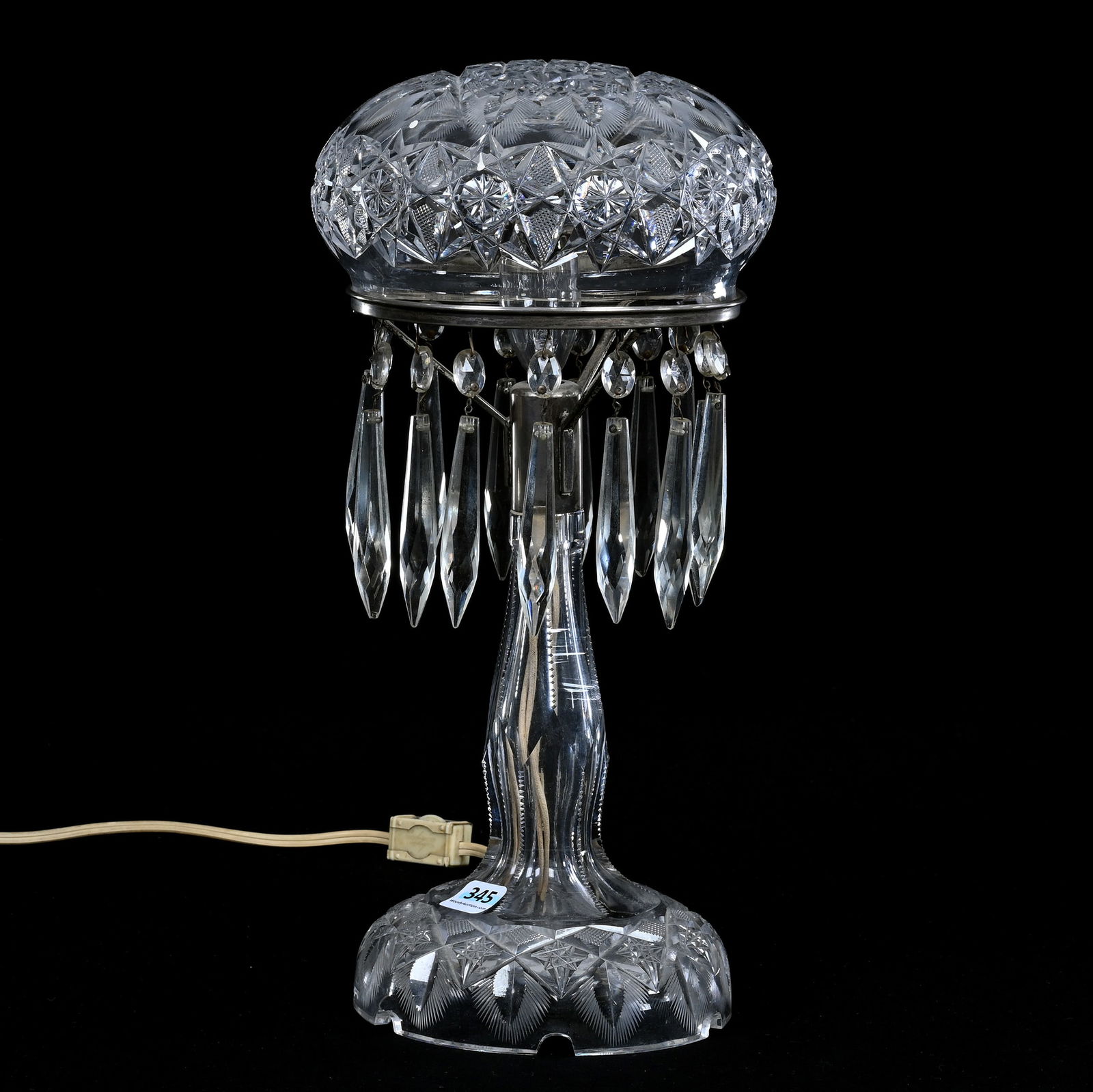 Boudoir Lamp, American Brilliant Cut Glass: Boudoir Lamp, American Brilliant Cut Glass, 13" x 6.25" x 6.25", 4.14 Pounds, Flashed Hobstar With Geometric Highlights, Pattern Cut Foot, Electrified, Single Bulb, One Base Notch Has Chip, One Missin