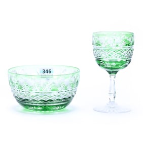 (2) Items, Brilliant Period Cut Glass, Green Cut To Clear