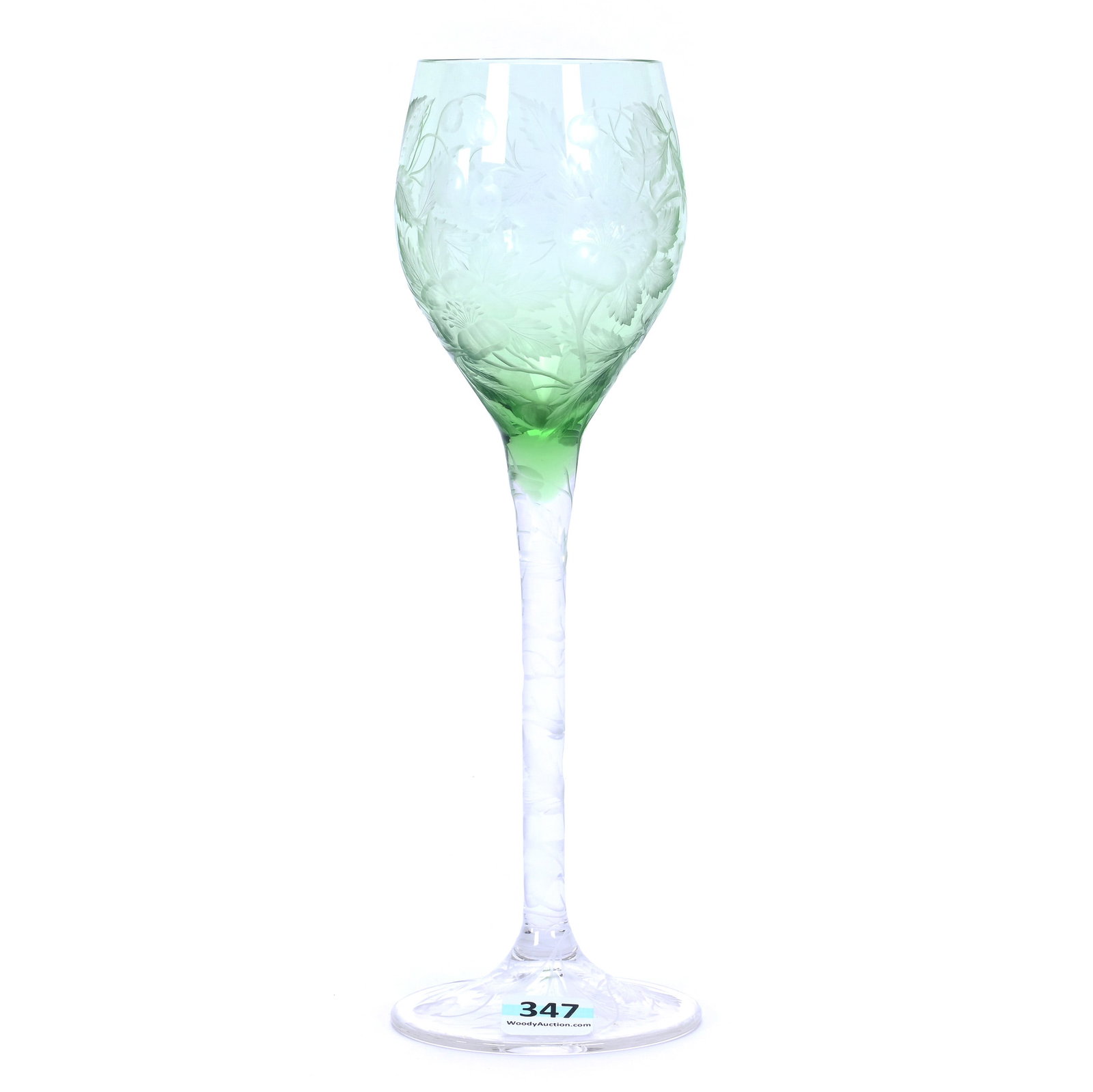 Wine Stem, Green Shading To Clear Art Glass: Wine Stem, Green Shading To Clear Art Glass, 9.25" x 3" x 3", 0.32 Pounds, Finely Engraved Floral Decor With Matching Engraved Stem And Foot, Bill And Kathleen Pratt Collection, Kansas.