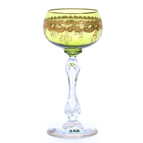 Wine Stem, Brilliant Period Cut Glass, Cased Chartreuse Green Bowl
