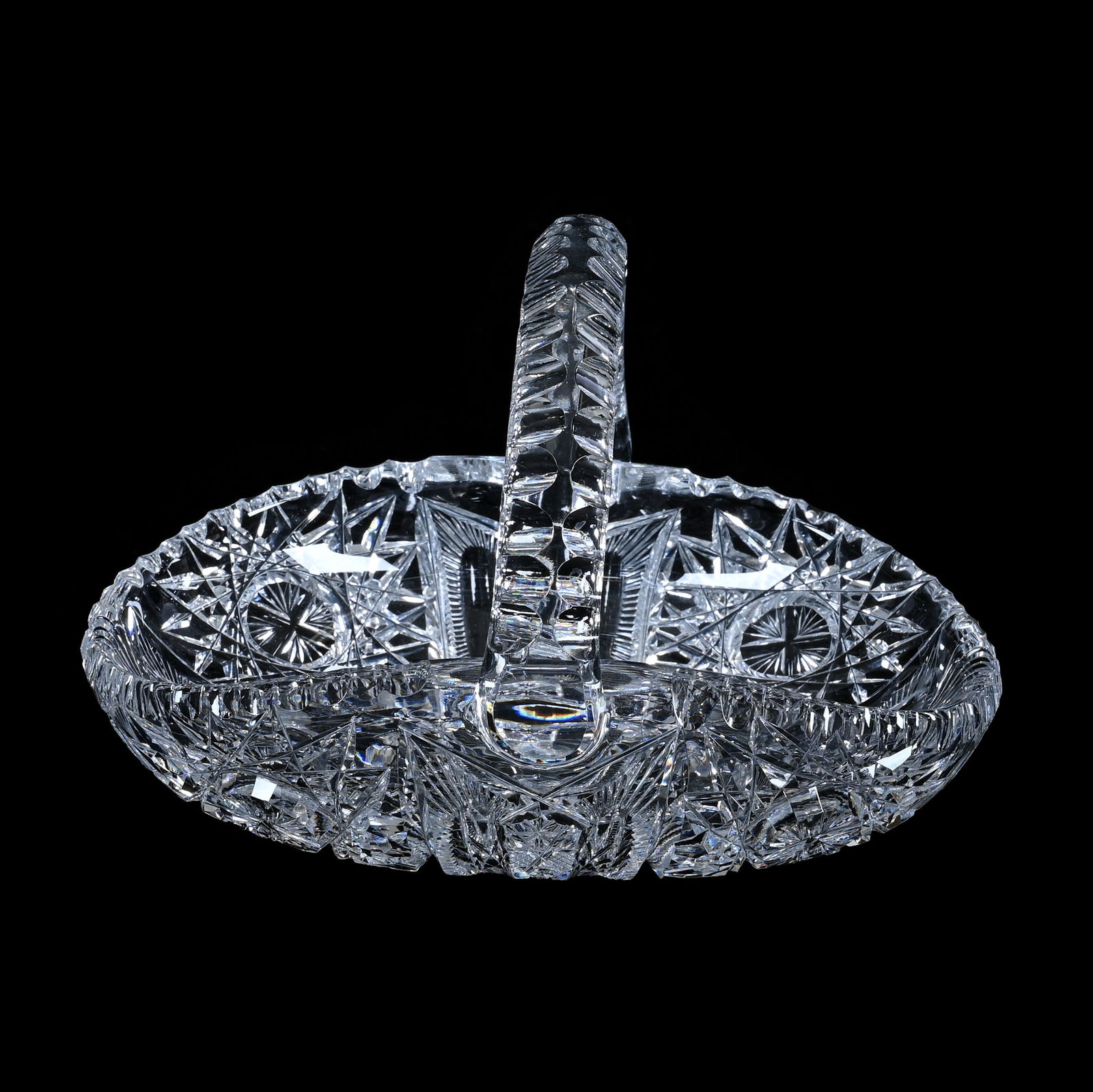 Basket, American Brilliant Cut Glass, Nevada Pattern By Pairpoint: Basket, American Brilliant Cut Glass, Nevada Pattern By Pairpoint, 4" x 6" x 5", 1.38 Pounds, Bill And Kathleen Pratt Collection, Kansas.