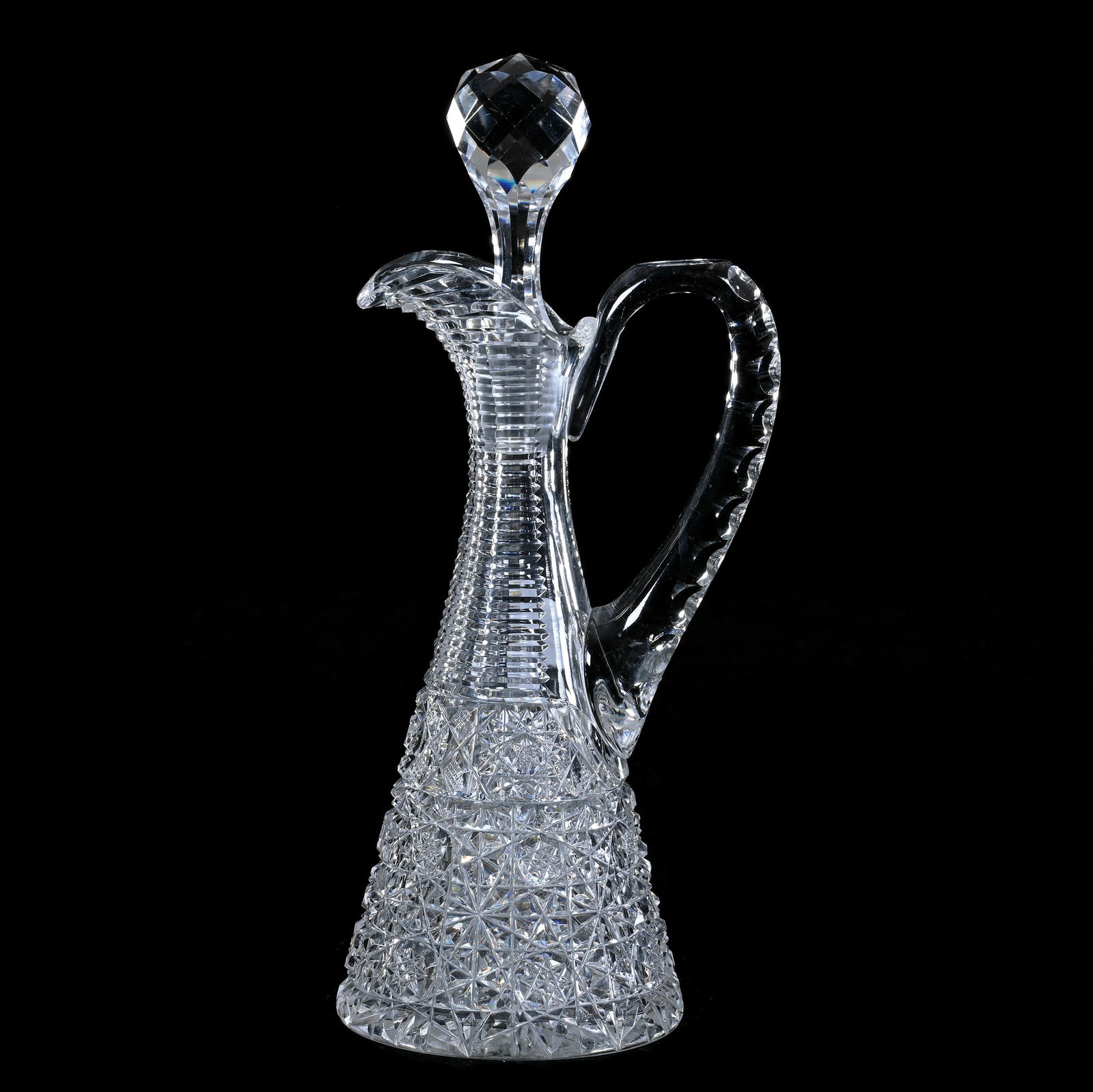 Cruet, American Brilliant Cut Glass: Cruet, American Brilliant Cut Glass, 9.25" x 4.25" x 3.25", 1.40 Pounds, Pattern Resembles Hunts Royal, Long Neck, Ray Cut Base, Bill And Kathleen Pratt Collection, Kansas.