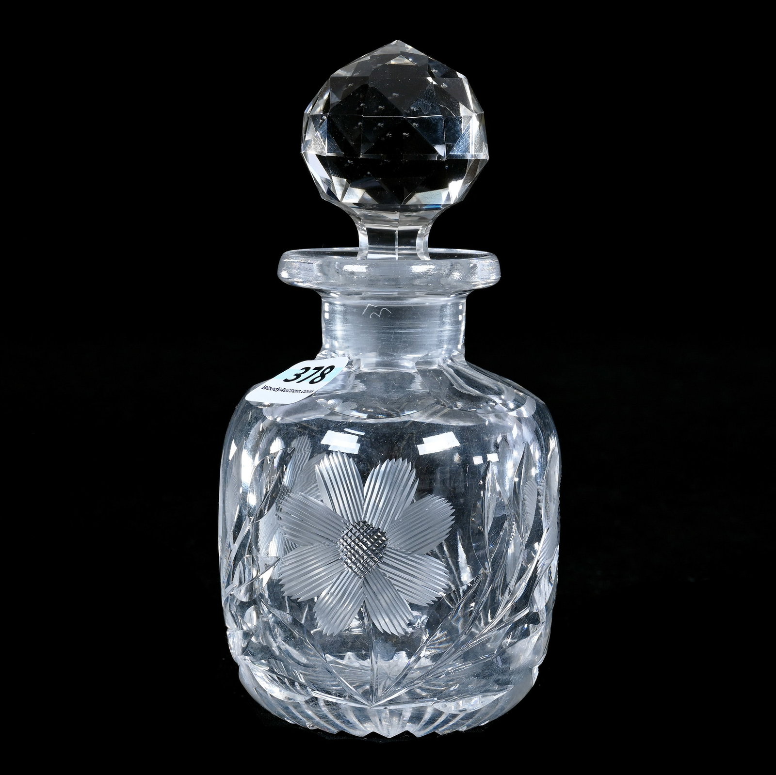 Cologne Bottle, American Brilliant Cut Glass: Cologne Bottle, American Brilliant Cut Glass, 5.75" x 3" x 3", 1.14 Pounds, Copper Wheel Engraved Floral Decor, Ray Cut Base, Bill And Kathleen Pratt Collection, Kansas.