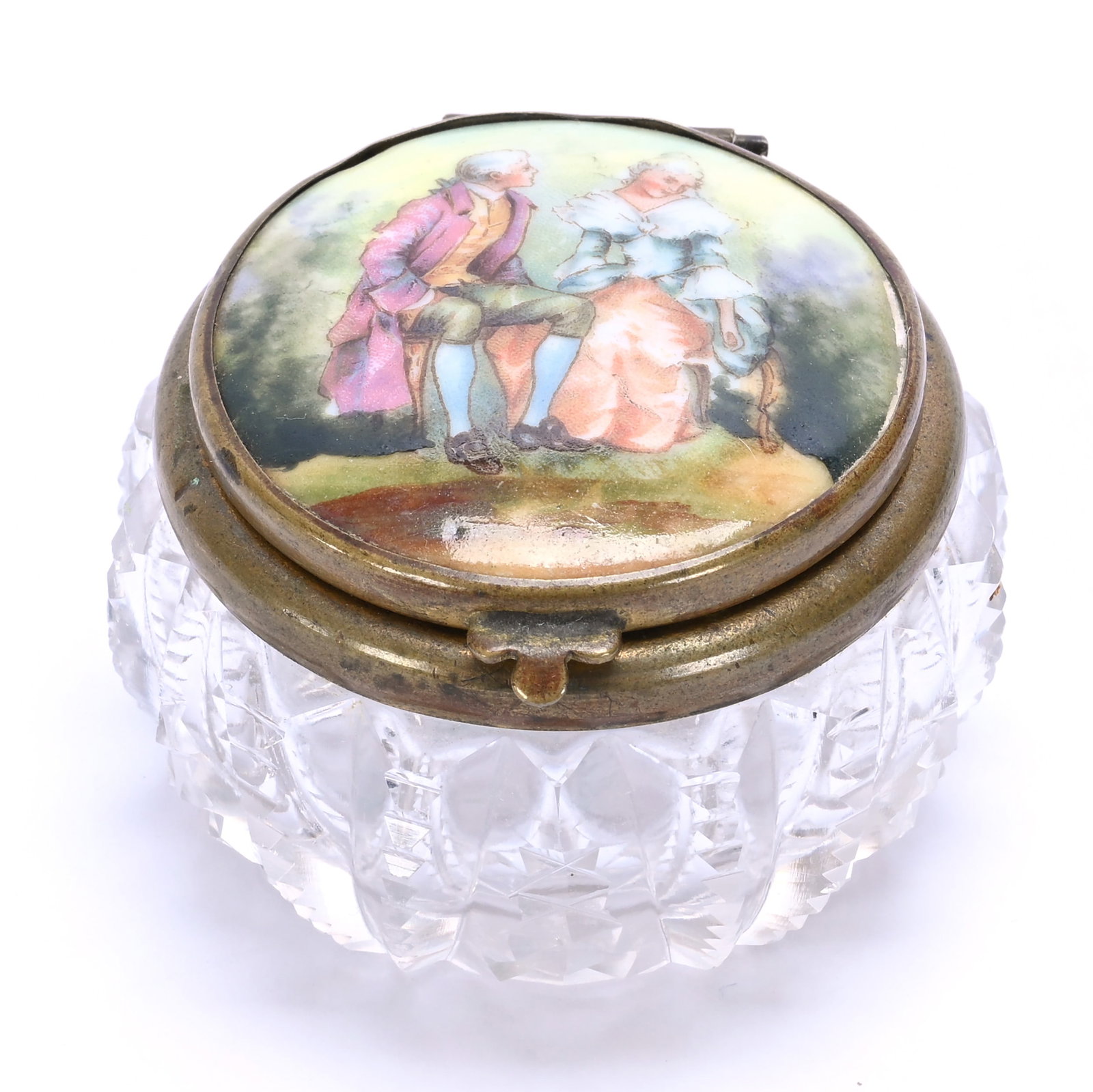 Beauty Box, Brilliant Period Cut Glass: Beauty Box, Brilliant Period Cut Glass, 1.5" x 2.25" x 2.25", 0.22 Pounds, Prism Cut Body With Hand Painted Porcelain Inlay, Flip Lid With Mirror In Lid, Bill And Kathleen Pratt Collection, Kansas.